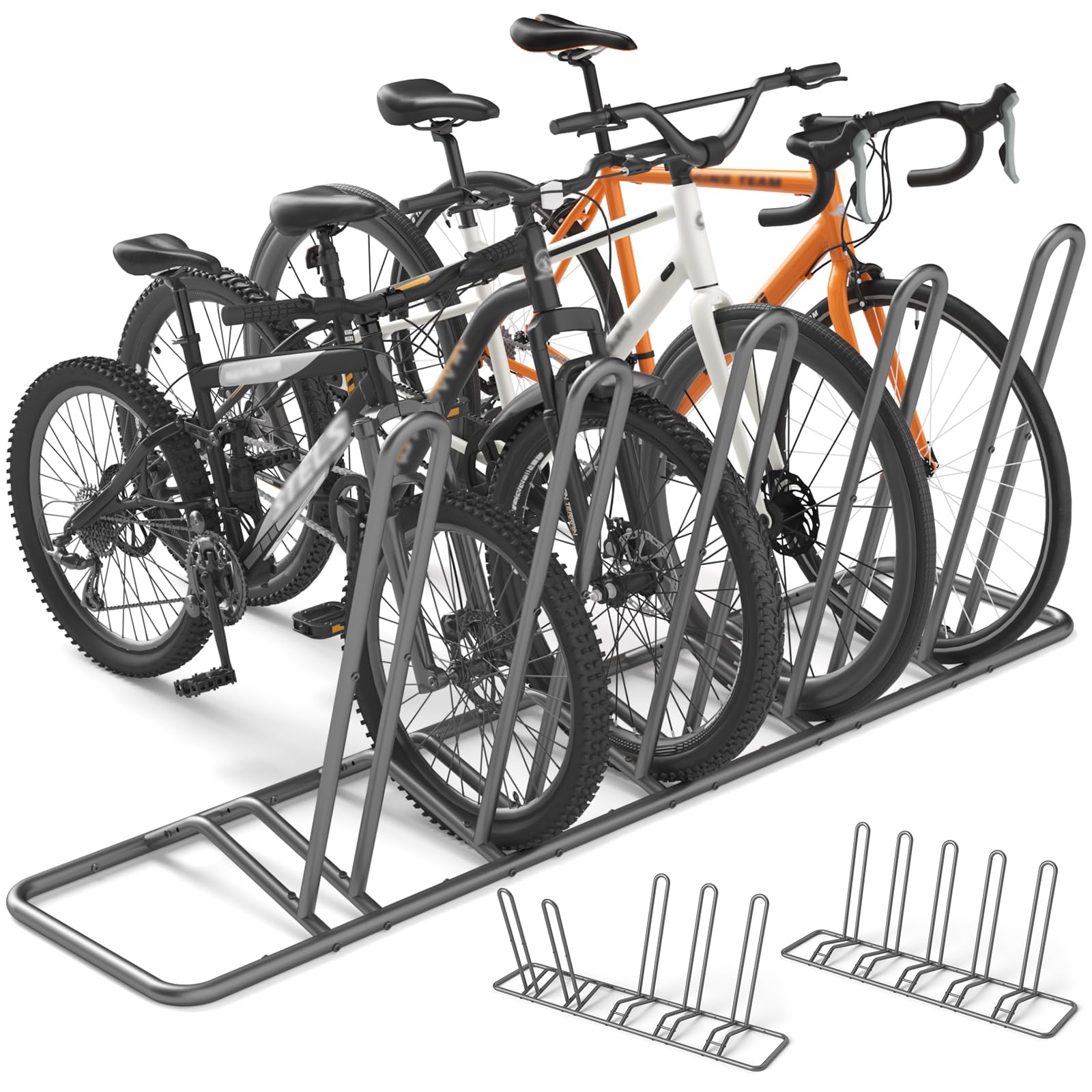 Fahrradständer Boden für 5 Fahrräder – Einstellbare Fahrradhalter | Dualer Fahrrad Ständer für Erwachsene & Kinder –Indoor & Outdoor – Ideal für Mountainbikes & Rennräder, stabil & platzsparend