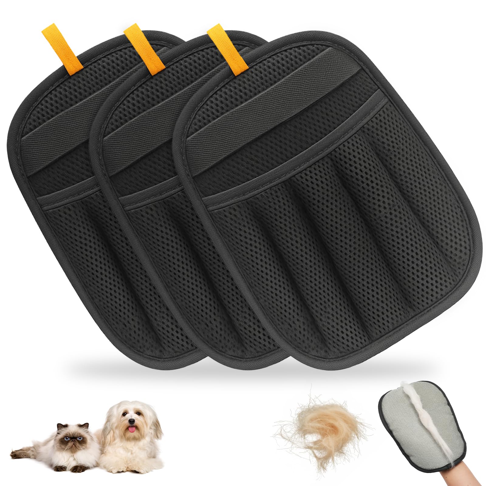 WitLion Upgraded 3PCS Double-Sided Pet Hair Removal Gloves Reusable Electrostatic Grooming Gloves for Pet Hair| Five-Finger Pet Hair Remover Gloves for Dogs&Cats for Clothes,Bed,Couch,Carpet-Black