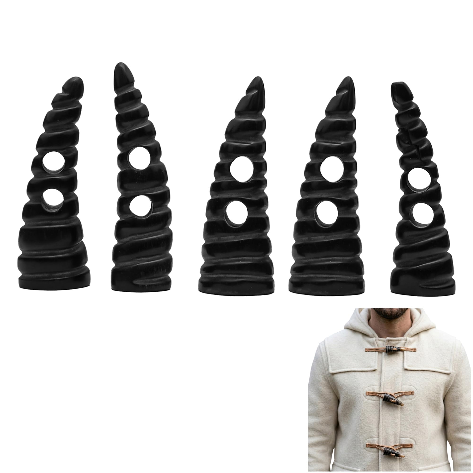 5 Pieces, 2" Long Natural Horn Toggles for Coats and Jackets Horn Buttons for Craft, Medieval, Viking, Medieval Fantasy Accessories (2" Black Twisted) — image 1