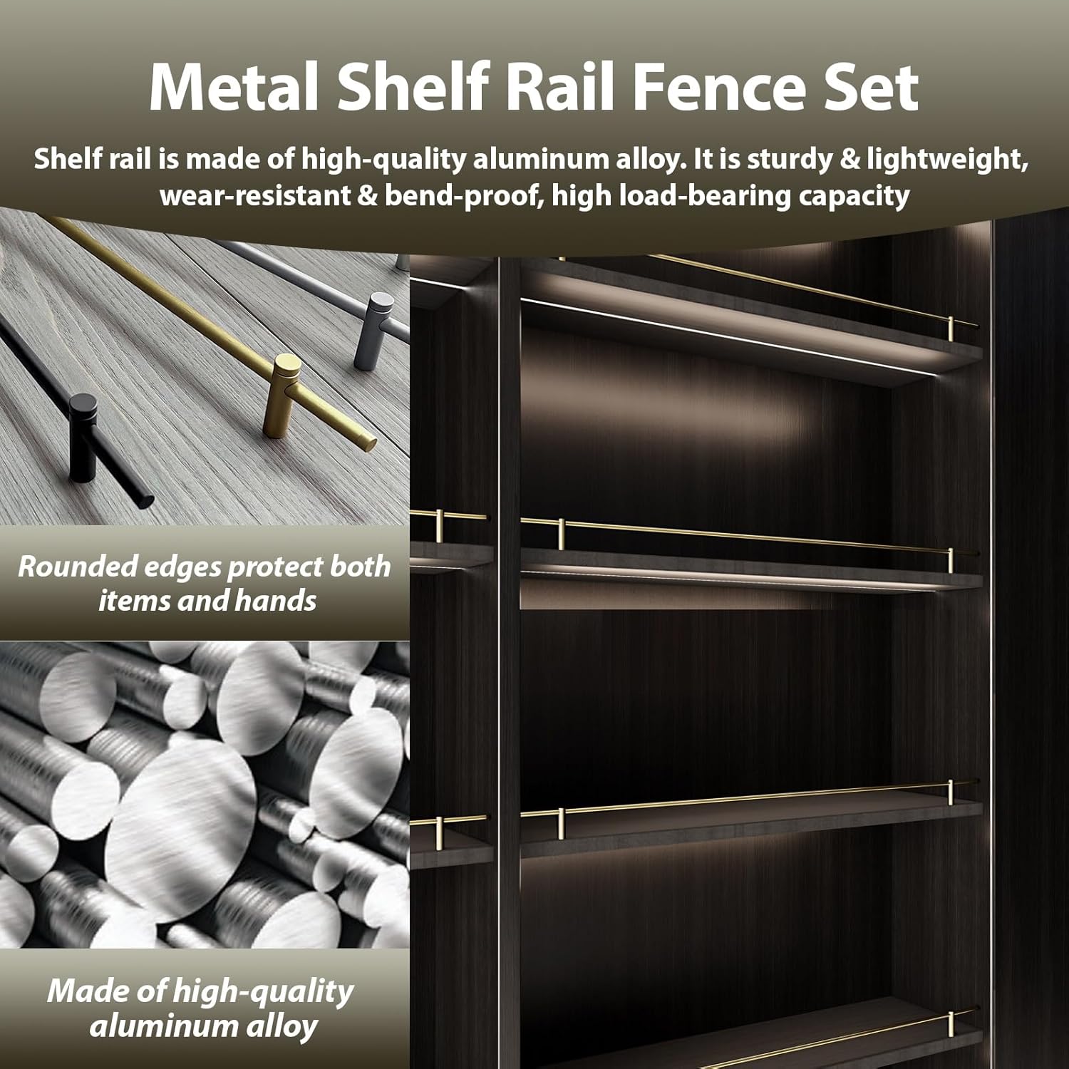 Wine Cabinet Shelf Guard Rail Anti-Fall, Customizable Home Decorative Pole Rod with Accessories, Sturdy & Lightweight Round Tube Barrier(Gold,66cm/26.0")