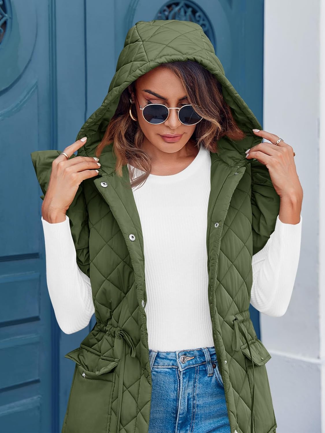 Tankaneo Womens Long Puffer Vest Ruffle Sleeve Winter Coats Hood Sleeveless Quilted Jackets Outwear - Image 5