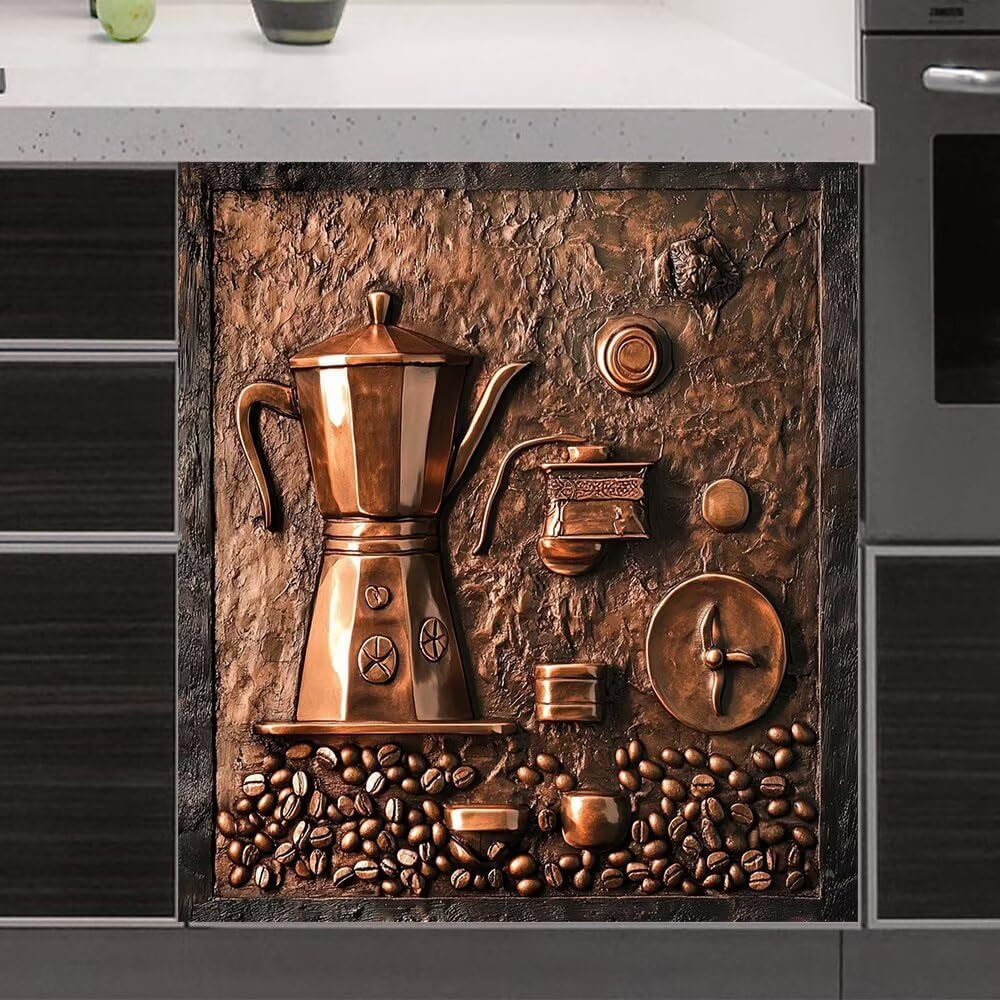 3D Copper Relief Coffee Kitchen Decor Dishwasher Magnet Panel Cover, Coffee Beans Decor Magnetic Refrigerator Sticker, Coffee Machine Fridge Magnets Cover (Vinyl 23" x 26" Magnetic)