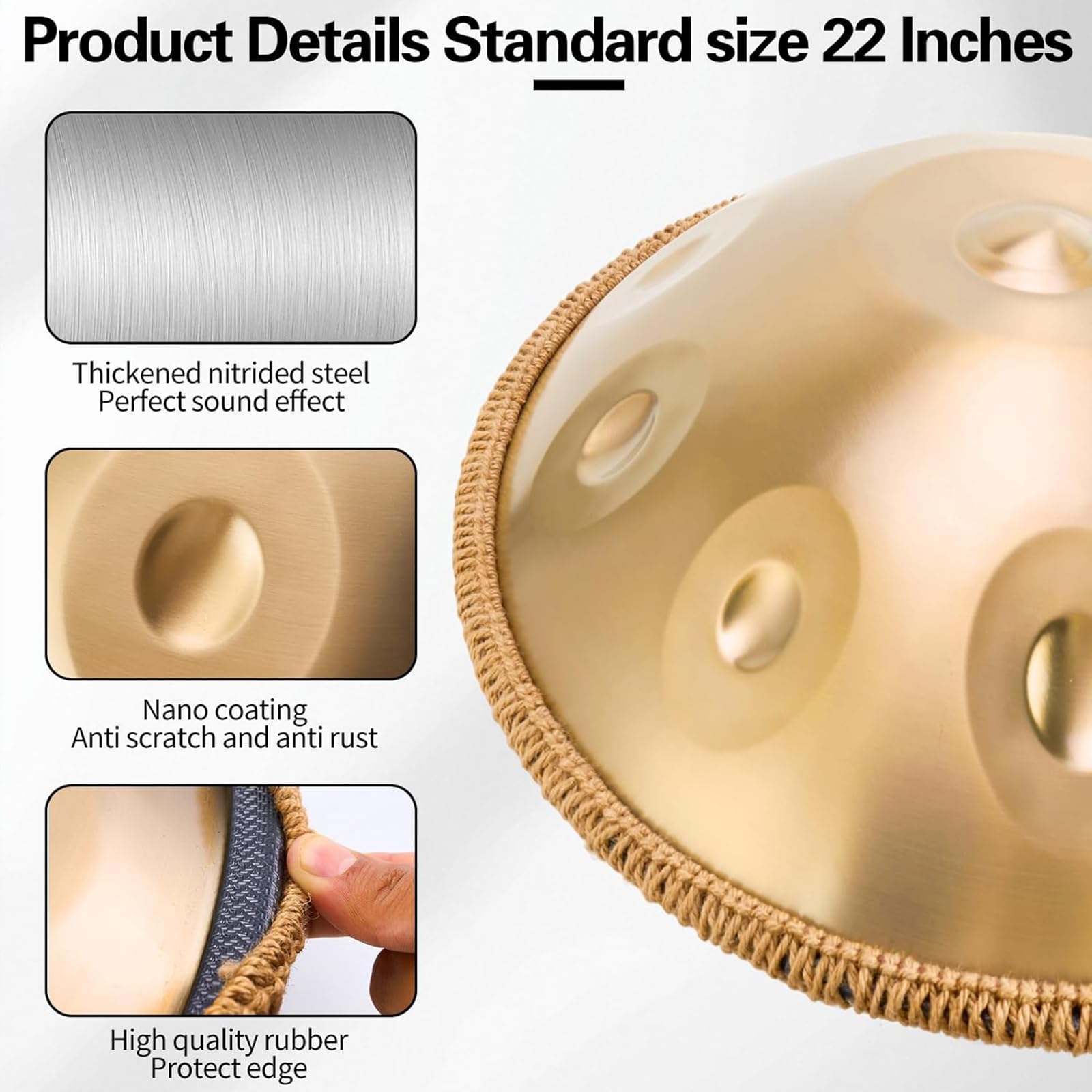 Handpan D Kurd 9 Noten, Stahl Handpan Instrument Komplett-Set mit Tasche, Ständer, Schlägel, Sitz und Zubehör, Handpan für Anfänger & Profis, Ideal für Meditation, Musiktherapie und Freizeit
