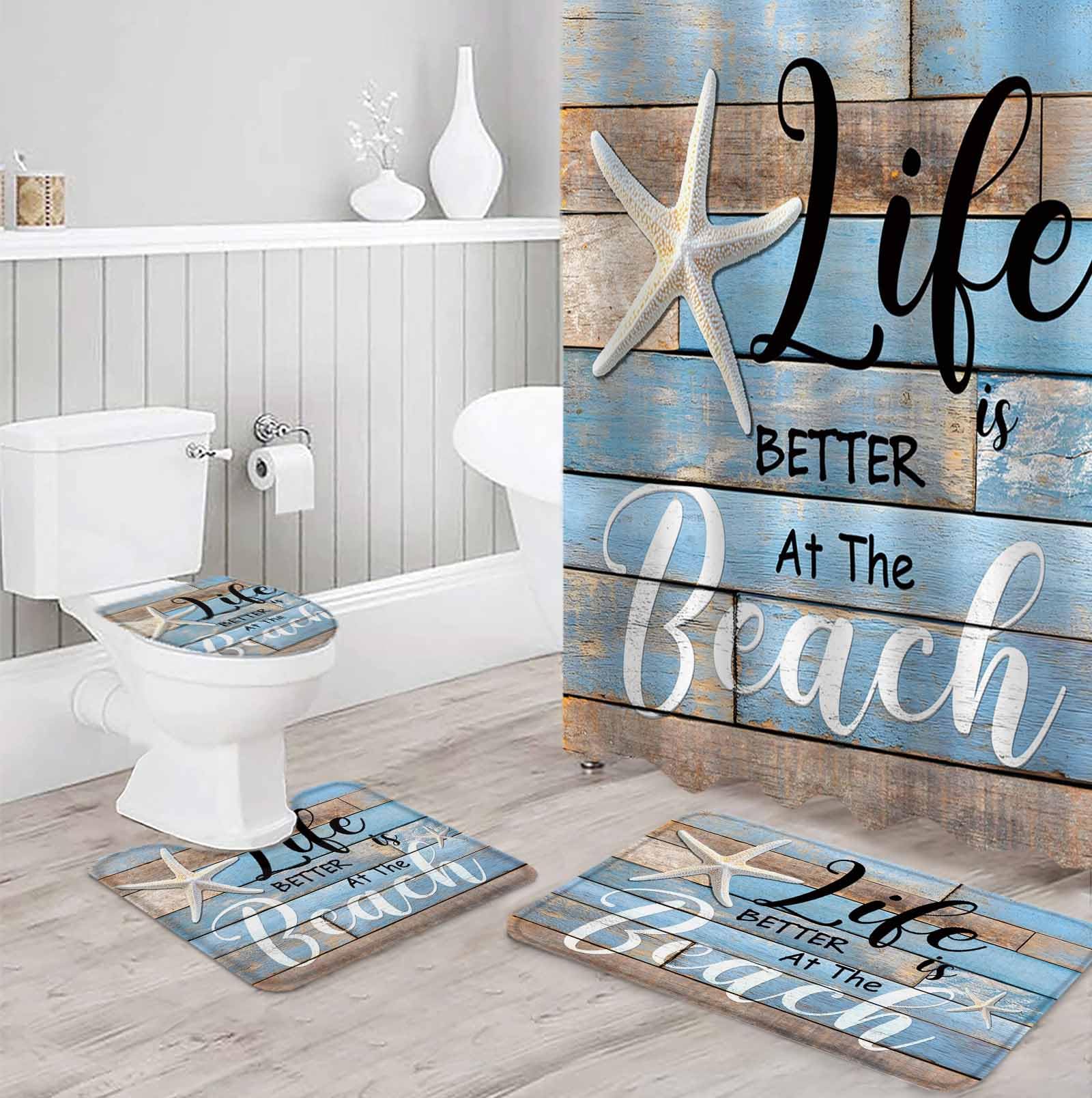 Blue Beach Bathroom Set with Shower Curtain and Rug Accessories - 36x72 Inches Long Coastal Starfish Graffiti Retro Wooden Plank Stall Curtain Waterproof with Large Bath Mat,Washable Runner Rug Set