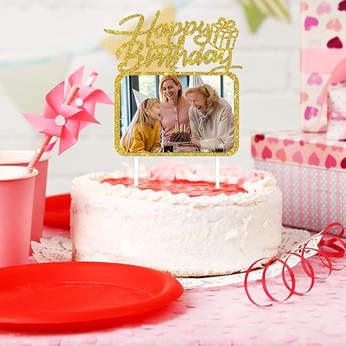 Miniatura 5 de Decoración dorada para tarta de cumpleaños con marco de fotos, decoración de pastel de cumpleaños para niñas, niños, mujeres, hombres, cumpleaños,