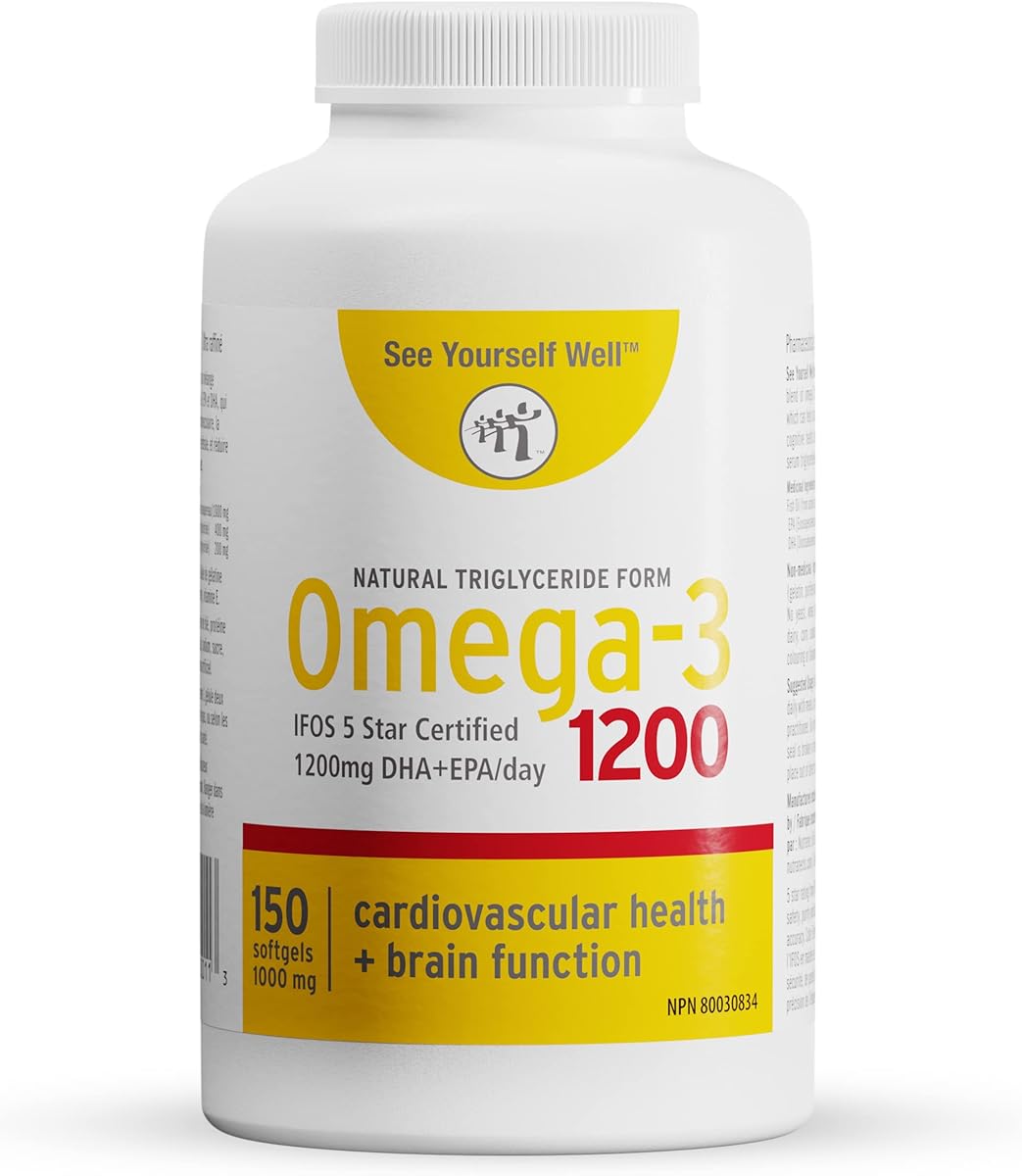 See Yourself Well Omega 3 - Natural State: Ultimate Strength Omega 3 Fish Oil Softgels, 1200 (150 count). High EPA & DHA Essential Fatty Acids, Supports Heart, Brain, Joints and Immune System. No Fishy Aftertaste