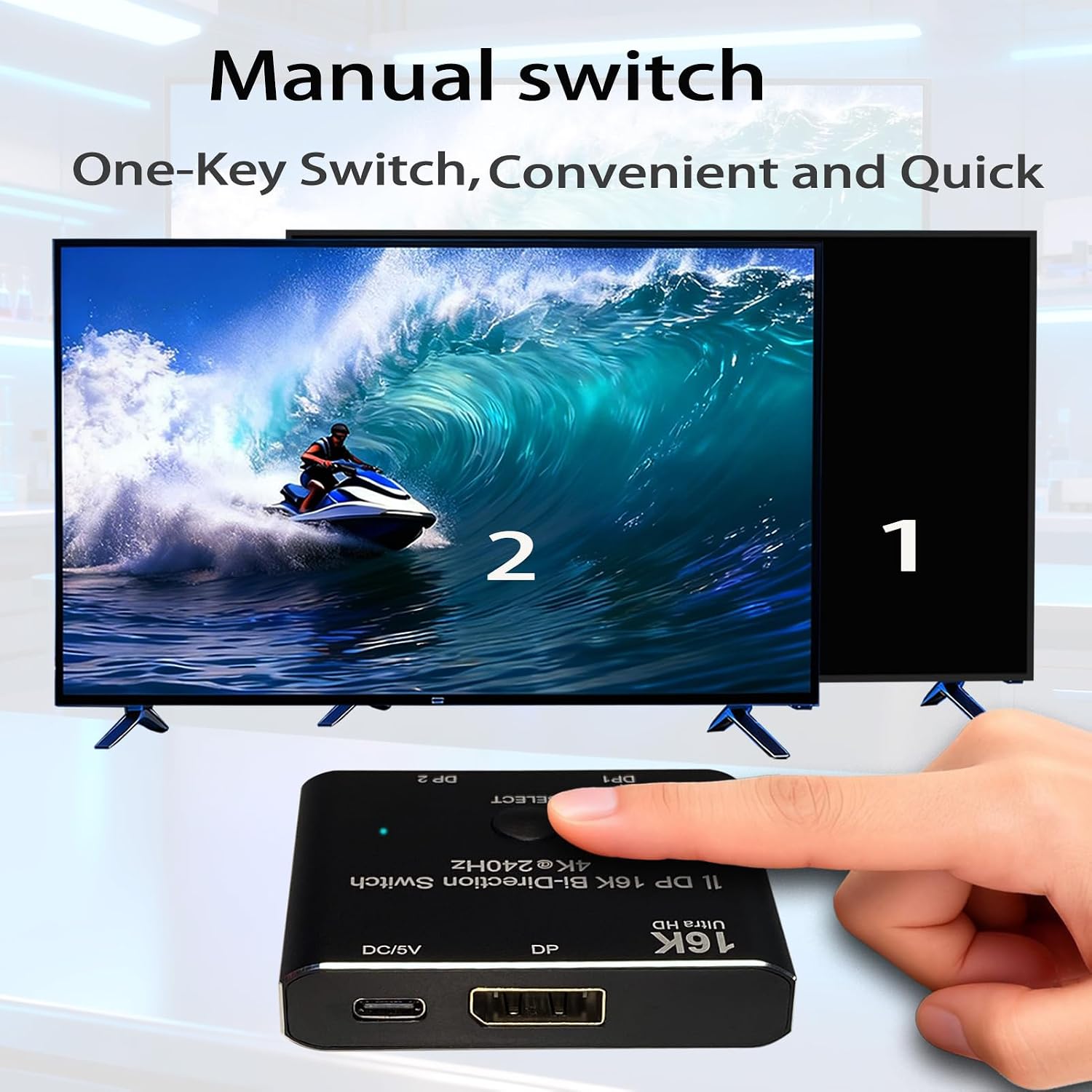 Bi-Directional DisplayPort Switch 8K60Hz Display Port 1.4 switcher 4K@144Hz 2in1out 1 in 2 Out for only Showing one Monitor at a time.Does not Support Multi-Screen functionality (16K Aluminum Shell)