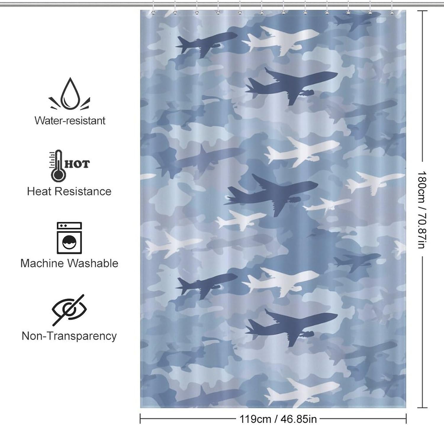 Camouflage Airplane Print Shower Curtain 46.85x70.87Inch（119x180cm） Polyester Bath Curtain Shower Curtains Printed Decorative