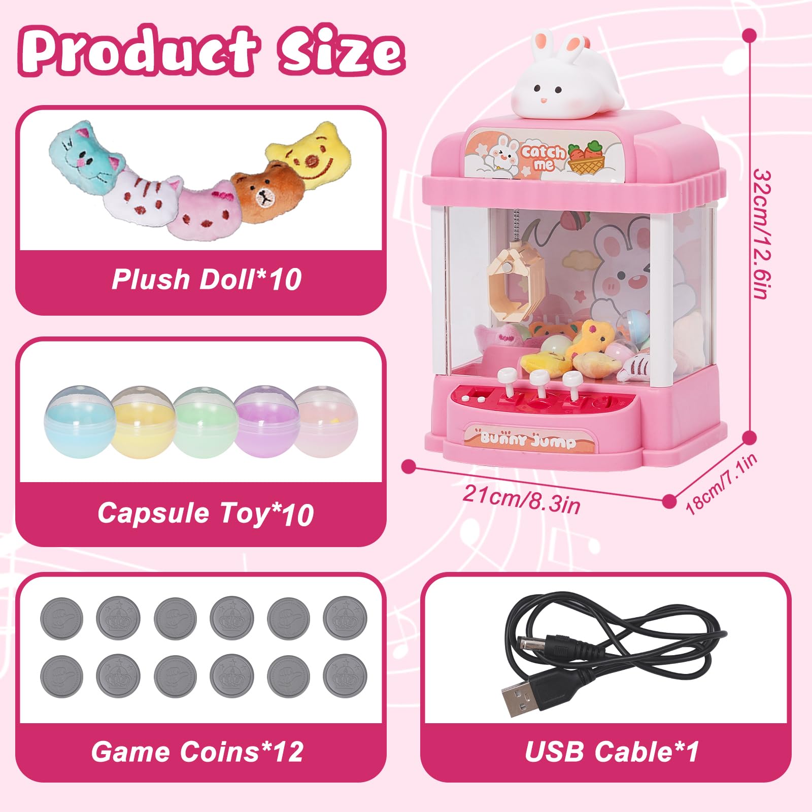 Claw Machine Toy Set Claw Machine Mini Doll Grabber with Light and Music Interactive Toy Crane Game with 10 Dolls ,10 Twist Arcade Machines Toys Catching Machine for 3 4 5 6+ - Image 2