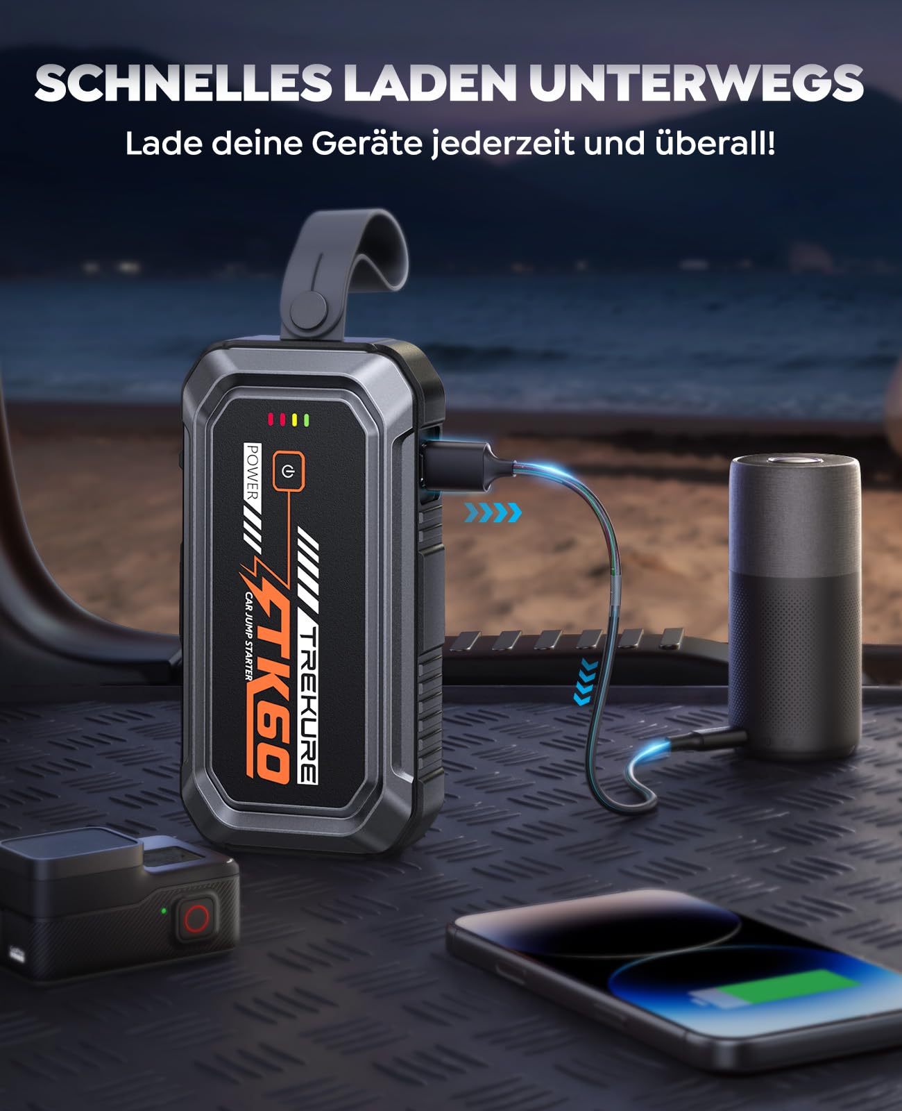 TREKURE Starthilfe Powerbank für PKW 7000A, Auto Starthilfe Powerbank für bis zu 9L Benzin & 6,5L Diesel, Starter Powerbank mit Zwangsstart, Magnetische Frontfläche, 4-in-1 LED Arbeitslicht