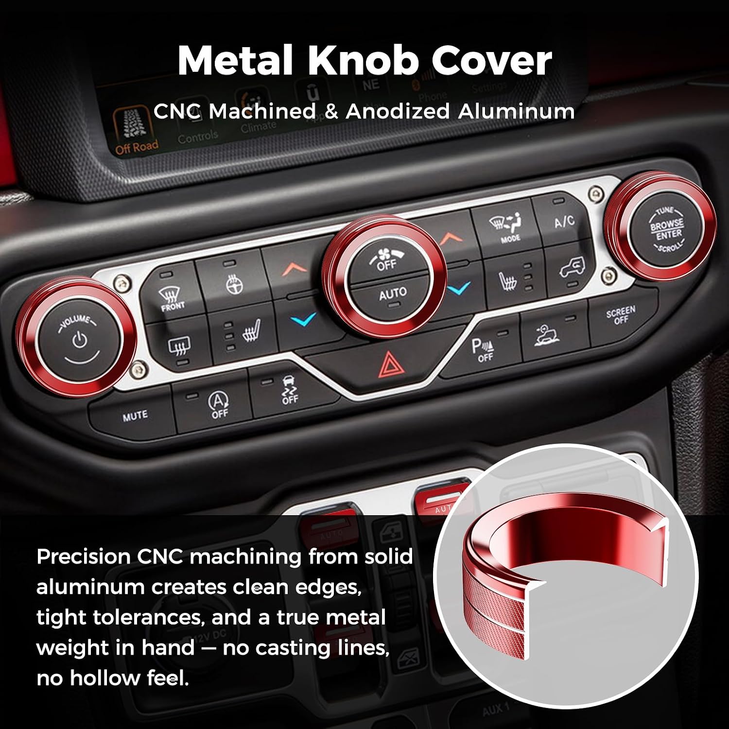 DIAMOOKY 12PCS Metal Button Knob Cover for Jeep Wrangler JL JLU 2018-2023 & Gladiator JT Accessories Window Switch Button Cover Volume Radio Headlight Switch Knob Cover Dashboard Air Vent Cover (Red)