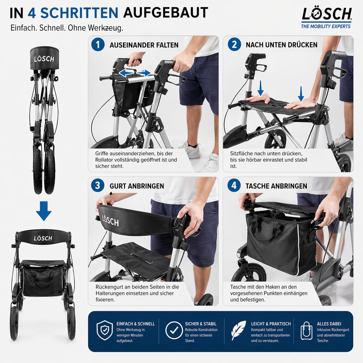 TABAS Outdoor Rollator 2.0 luftbereift – Leichtgewicht Aluminium Rollator faltbar mit Sitz & Tasche, höhenverstellbar, stabile Gehhilfe für Senioren innen & außen – Rot