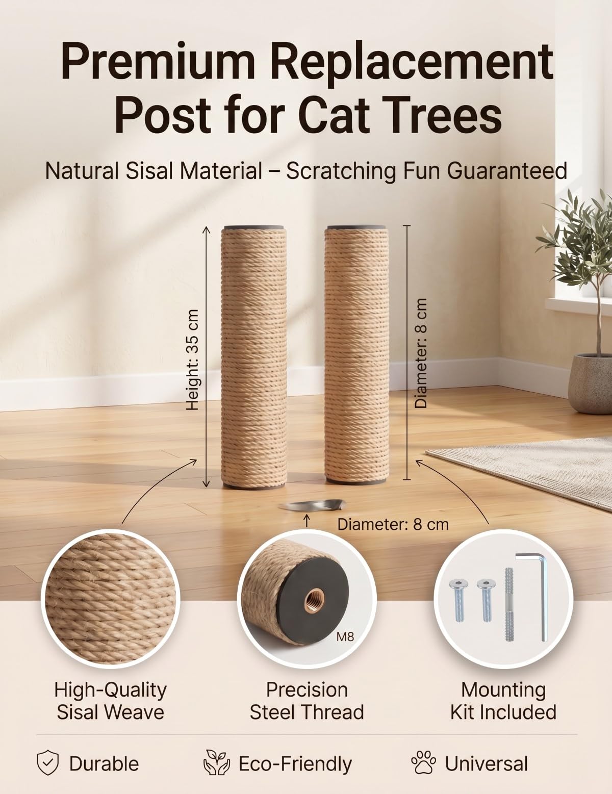 Poteau Griffoir Chat de Remplacement en Sisal Naturel - 34 cm, Compatible M8, Écologique - 2 Pièces avec Vis et Clé