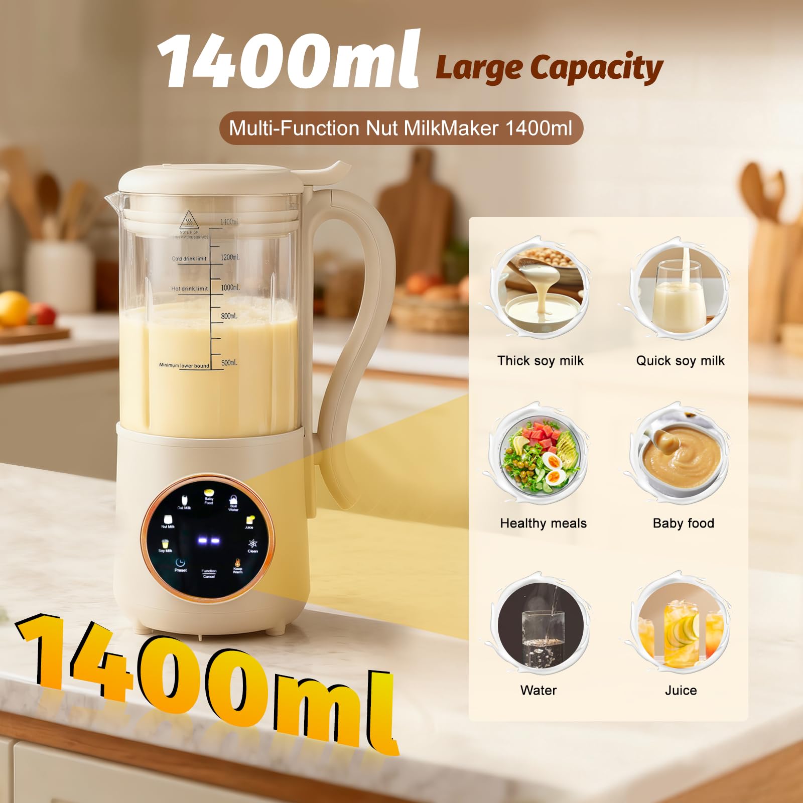 Macchina per latte di soia, 1400 ml, con 16 lame, indicatore LED, prenotazione 12 ore, autopulente, 6 funzioni, per latte vegetale fatto in casa, avena, latte di mandorle