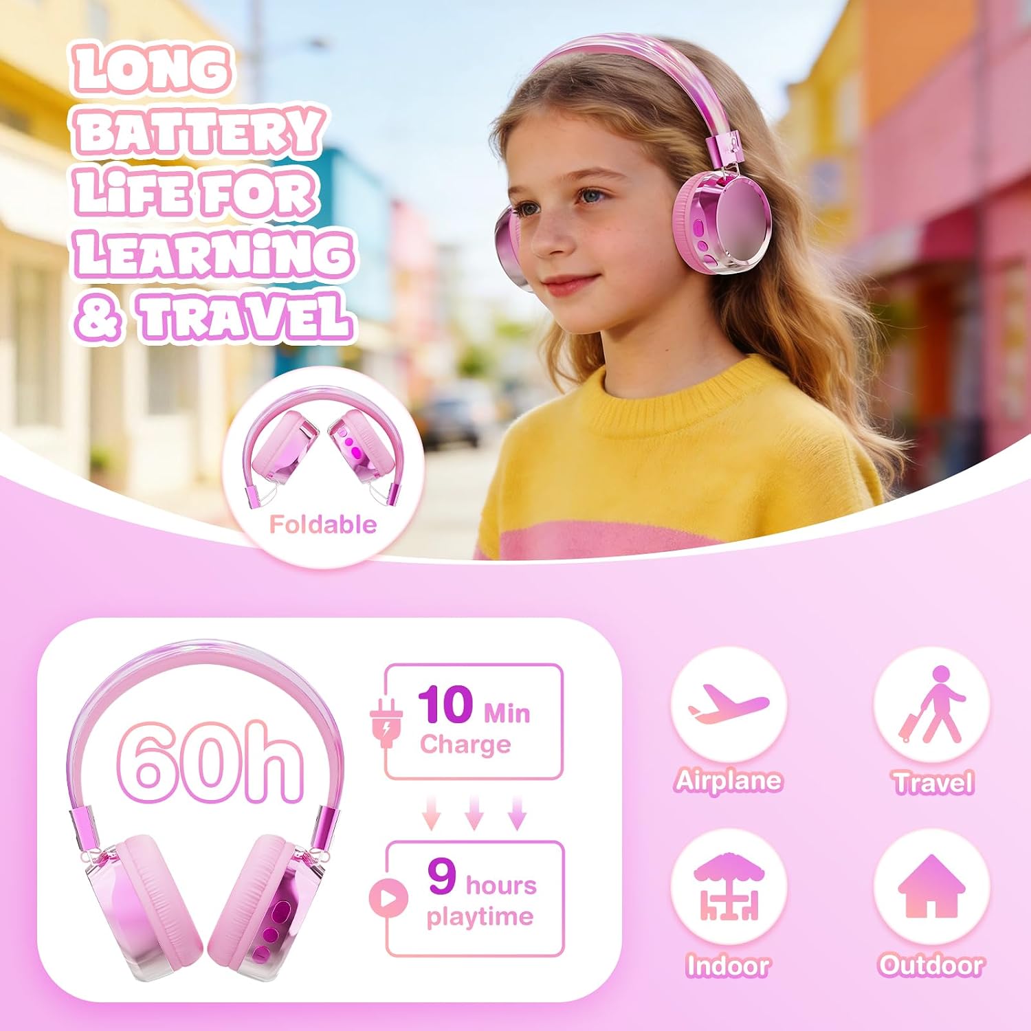 Kids Bluetooth Headphones, 74/85dB Volume Limited, 60H Playtime, Built-in Mic, Fast Charging, Bluetooth 5.4, Foldable Toddler Wireless Over-Ear with AUX Cord, for iPad/Tablet/Airplane