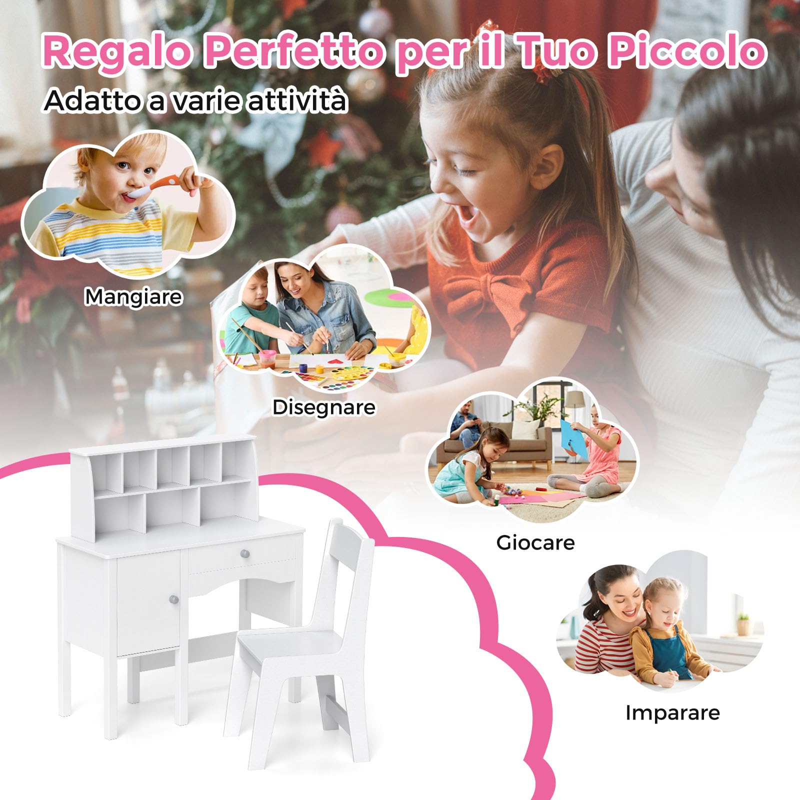 COSTWAY Set Scrivania e Sedia per Bambini in Legno, Tavolo e Sedia per Cameretta con Cassetto, Ripiano e Armadietto, Scrivania per Bambini Età 3+ Anni per Computer