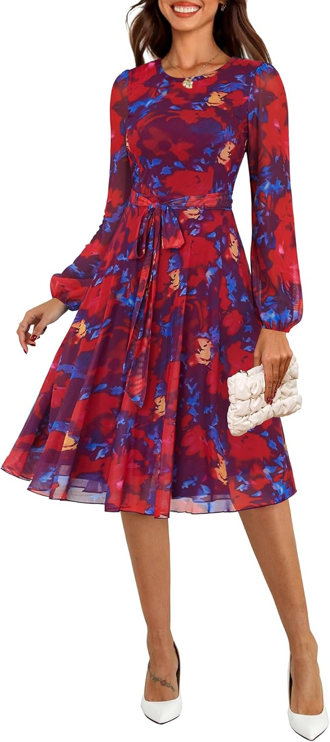 Zattcas Women's 2026 Spring Mesh Long Sleeve Floral Midi Dress Crew Neck A Line Flowy Cocktail Party Wedding Guest Dress