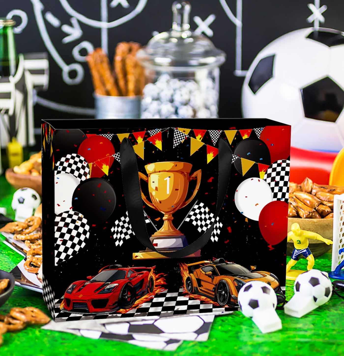 MUNILAIL 13 Inches Race Car Gift Bag with Tissue Paper Handle and Greeting Card Checkered Flag Gift Bag for Boys Birthday Baby Shower Racing Car Party Supplies Large Paper Gift Bag image 2