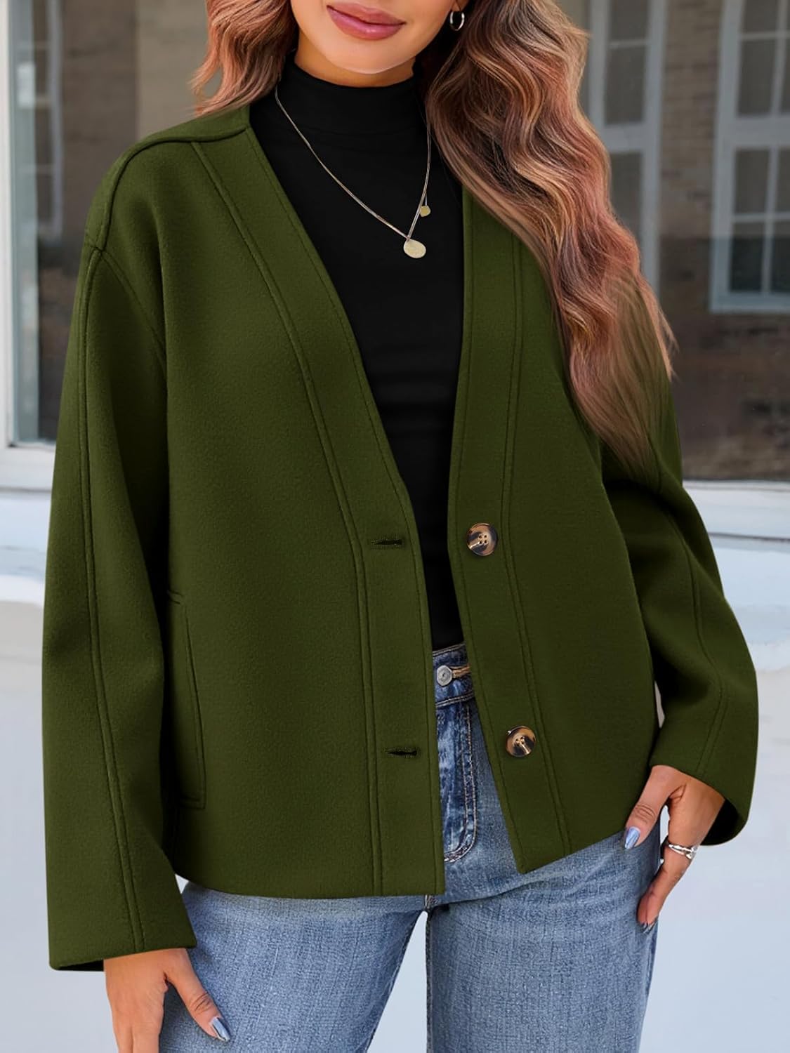 Yousify Womens Cropped Wool Blend Pea Coat Casual V Neck Button Down Short Jackets Fall Shackts with Pockets - Image 4