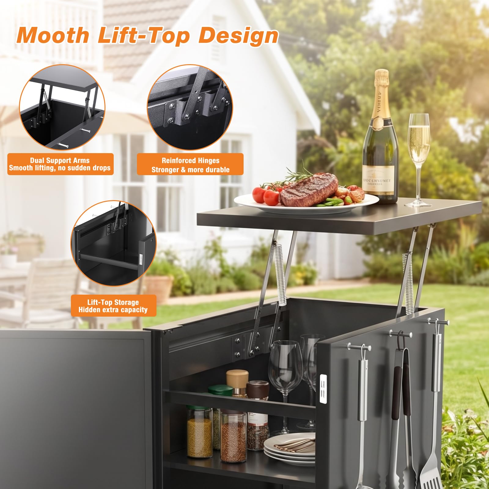 GFTIME Grillwagen mit Stauraum & Haken, Rollbarer Grilltrolley mit 4 Lenkrollen, Outdoor Beistelltisch für Weber Genesis II/LX 300, Enders, Charbroil, Nexgrill, Dynaglo, Modularer Trolley, Schwarz