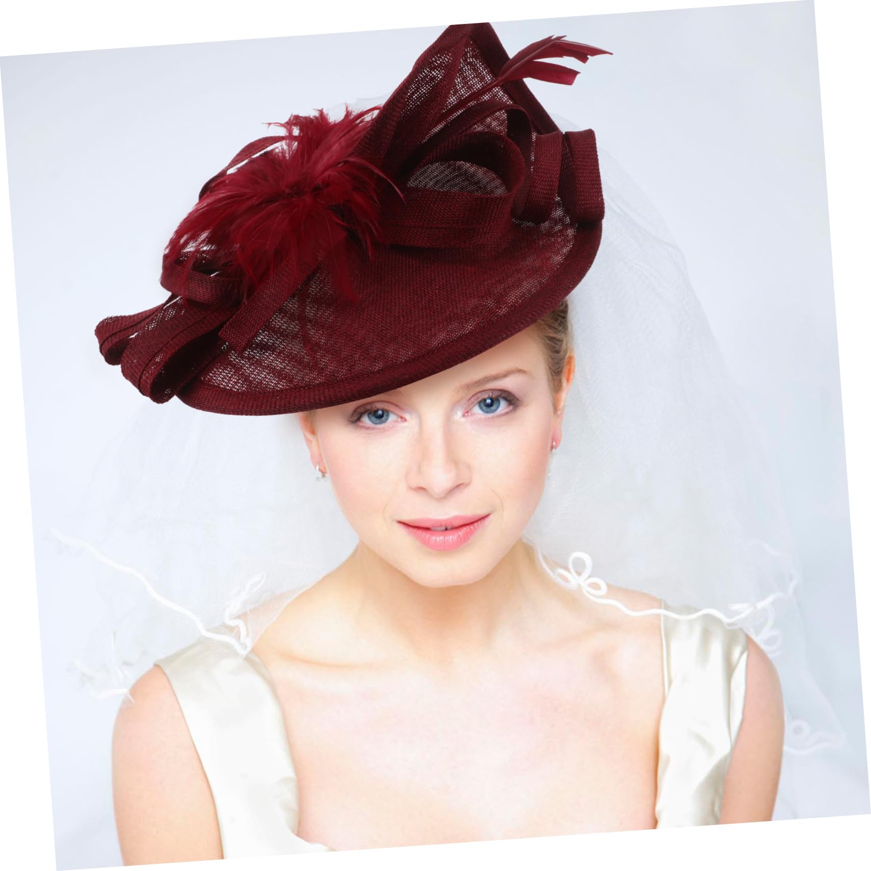 Fascinator Cappello Clip per Donna, Elegante, Rosso Scuro | Set Leggero per Party e Varie Occasioni, Lino Artificiale, Poliestere e Piume, Stile Fashion