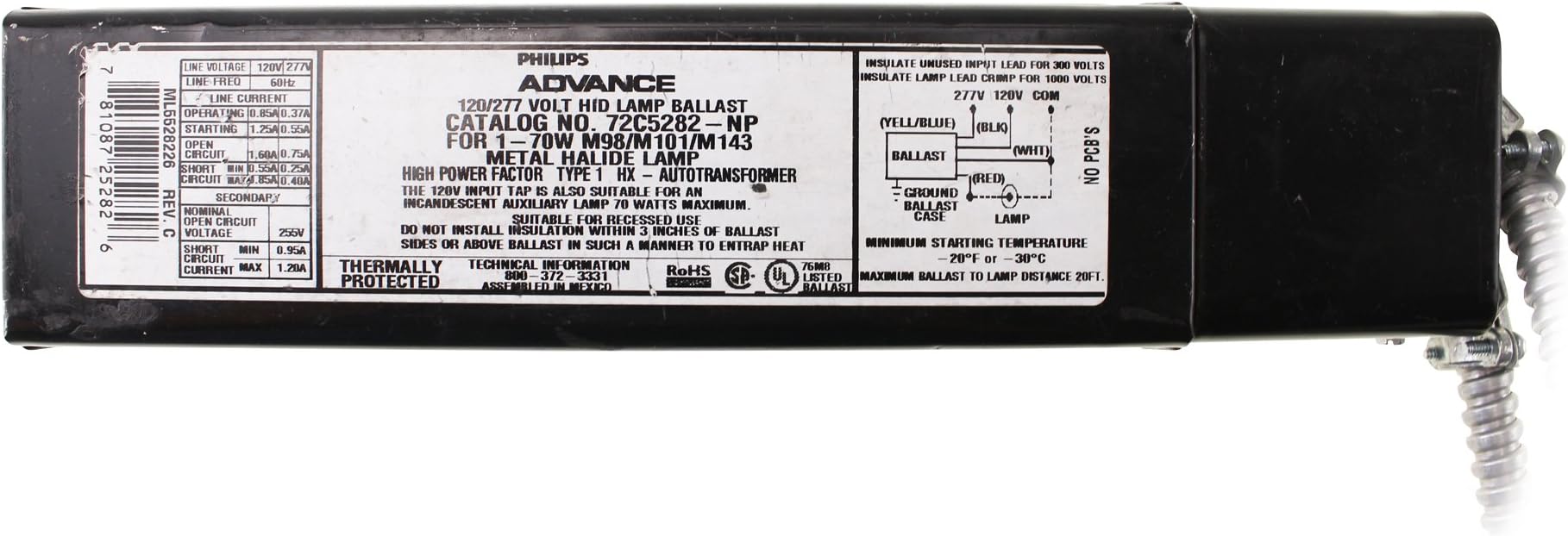 Advance 72C5282-NP HID Metal Halide Ballast, 70W M98 MH, 120/277V