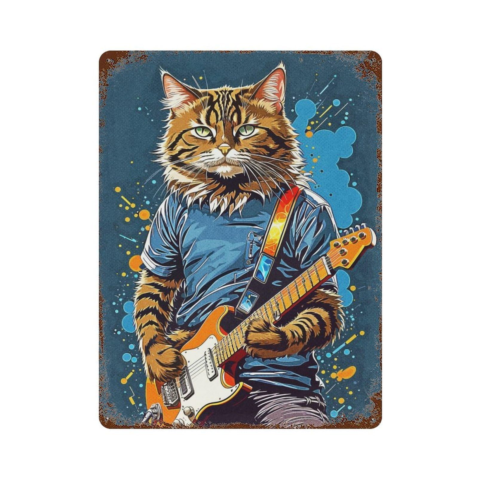 Garage Style Cat Music Weathered Tin Sign 15.7"x11.8", Classic Wall Plaque for Bar And Workshop