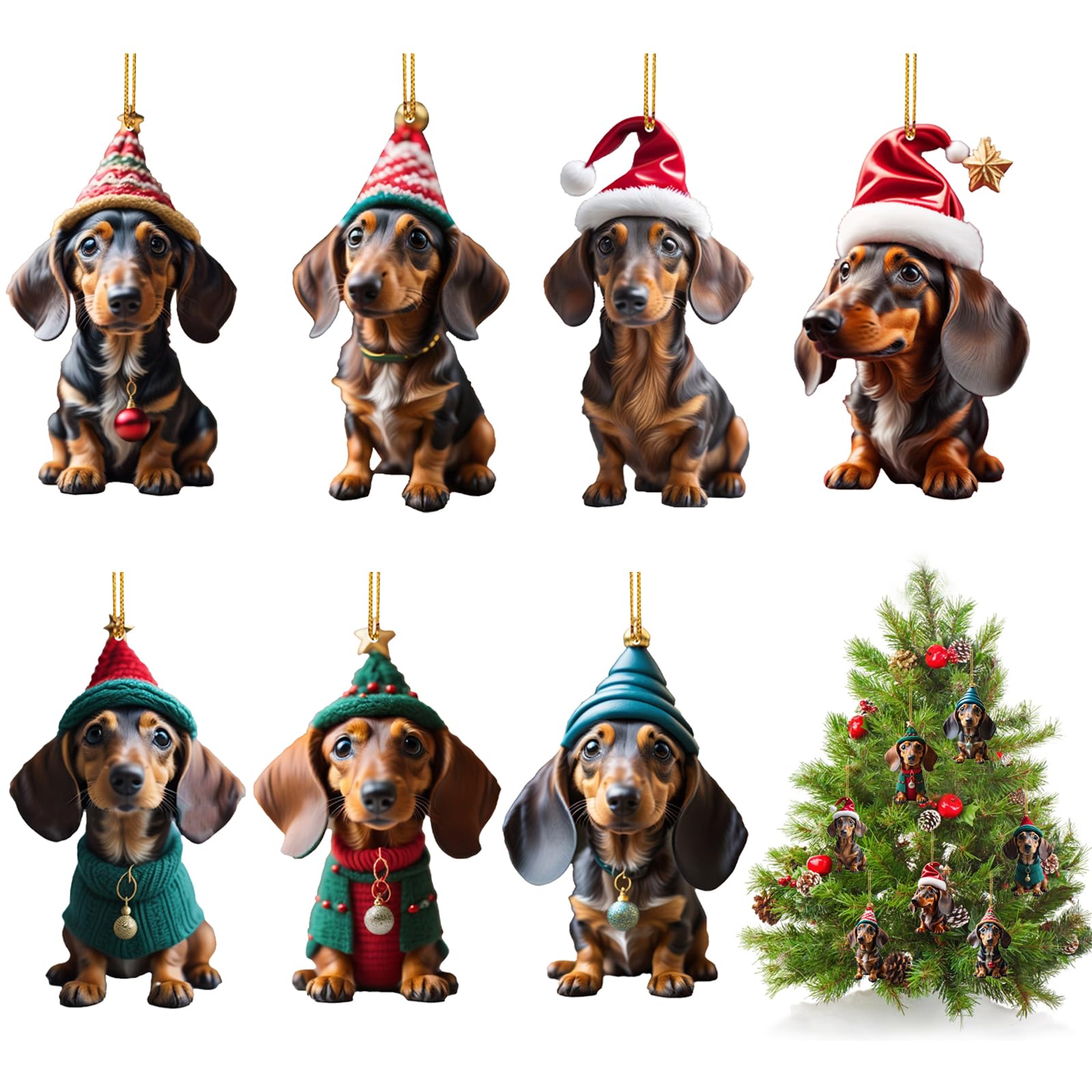 Adornos Arbol Navidad Perros, 7pcs Adornos Arbol Navidad Perro Salchicha, Decoracion Arbol Navidad Perro, Adecuado para Colgantes de Decoración de árboles de Navidad