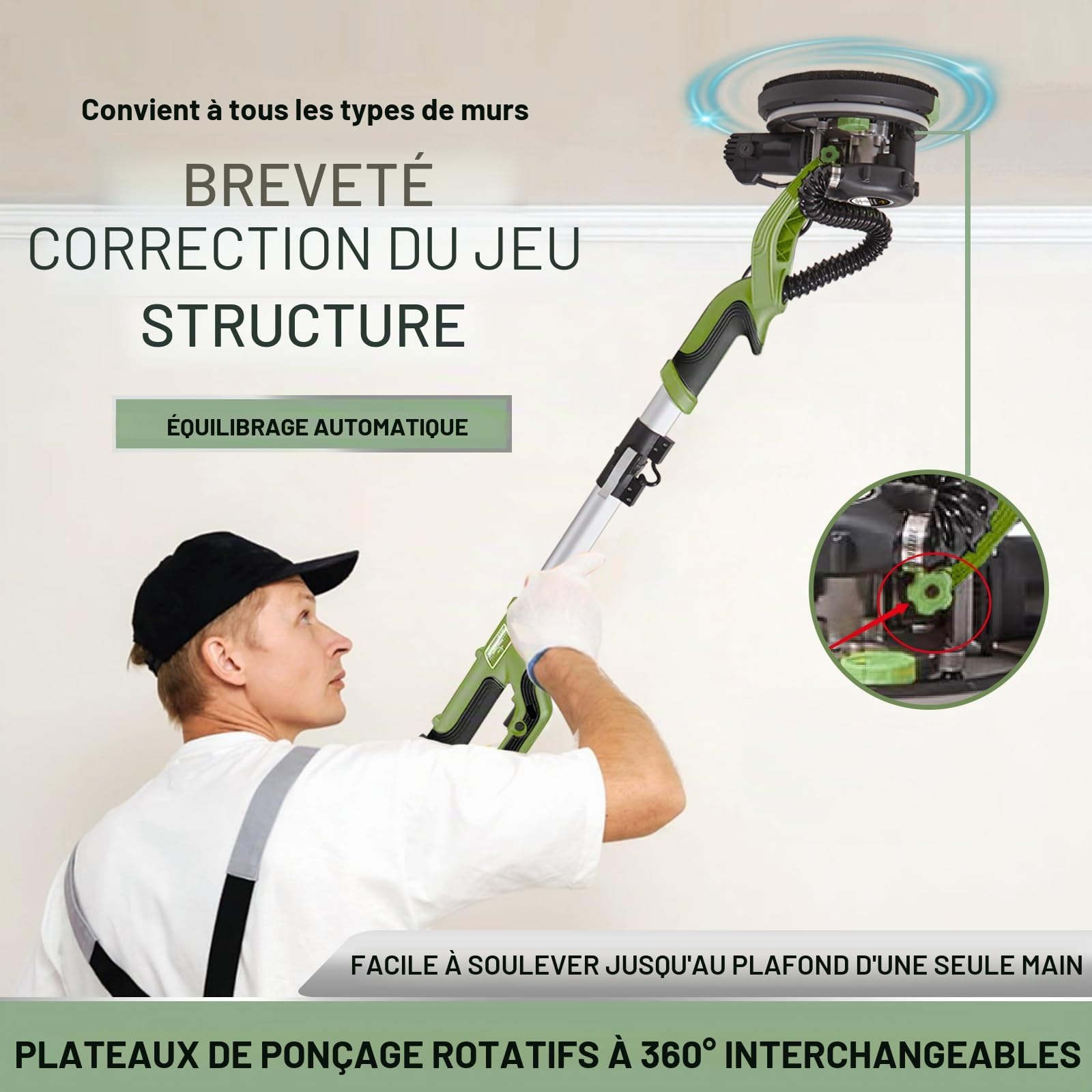Ponceuse pour cloisons sèches, ponceuse murale 750 W avec système de vide automatique et girafe de ponçage Ø 214 mm avec sac d'aspiration, lumière LED, boîte de vitesses à 7 vitesses, meuleuse de