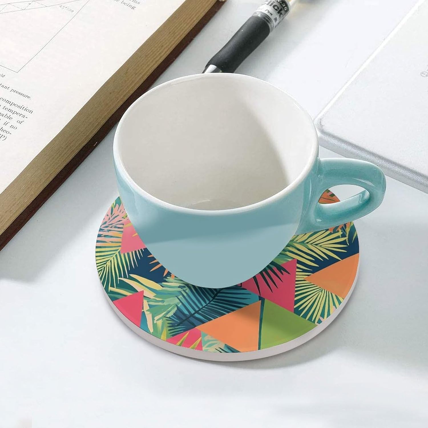 80S Triangles and Palm Trees Round Ceramic Coasters for Drinks Absorbent Cup Holder Tabletop Protector with Cork Base