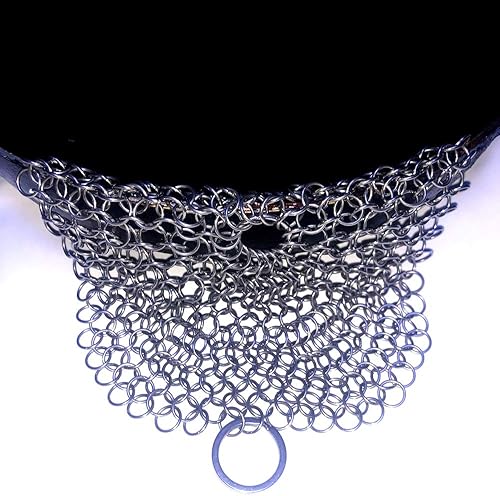 Miniatura 5 de Limpiador de hierro fundido, premium 316 acero inoxidable fundido sartén chainmail Scrubber para hierro fundido sartén pre-sazonado Pan holandés