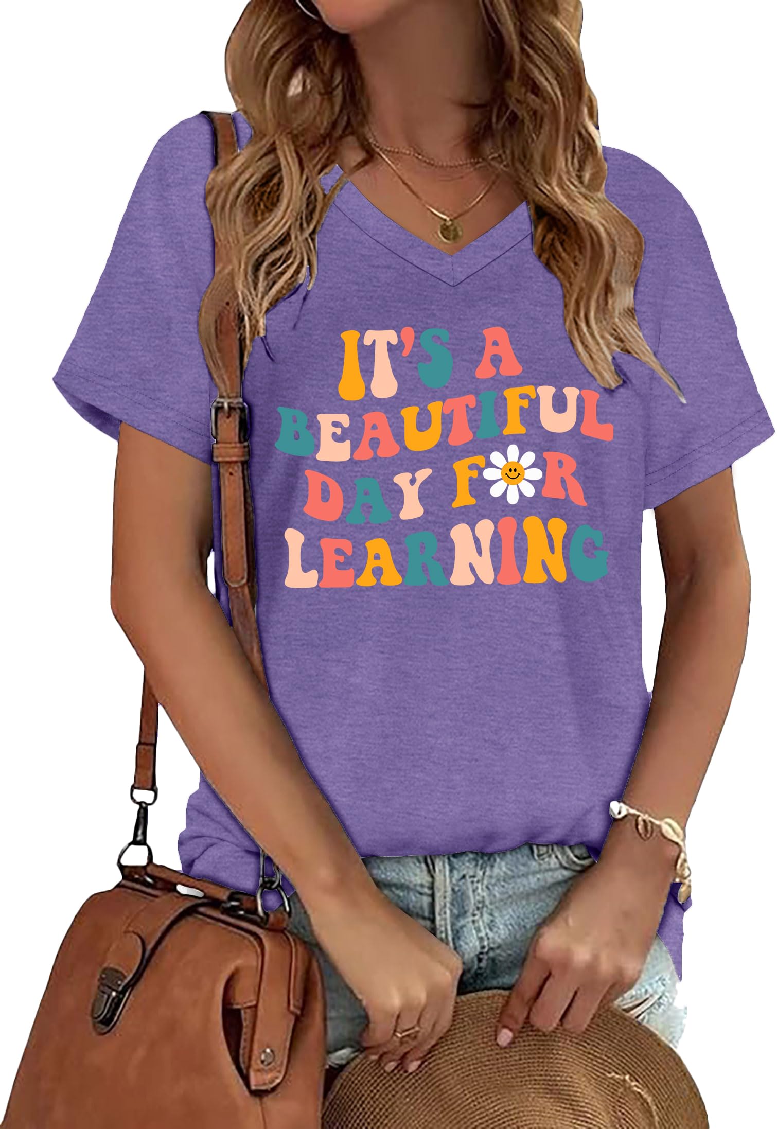 Teacher Shirts Women Teacher Life V-Neck Short Sleeve T-Shirt ABCD Teach Graphic Tee Back to School Tops