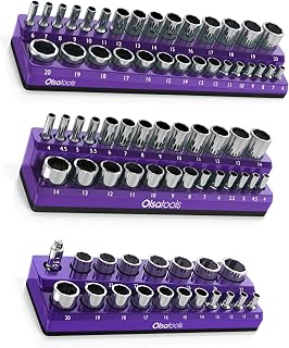 Olsa Tools Magnetic Socket Organizer | 3 Piece Socket Holder Kit | 1/2-inch, 3/8-inch, 1/4-inch Drive | Metric Purple | Holds 75 Sockets | Professional Quality Tools Organizer