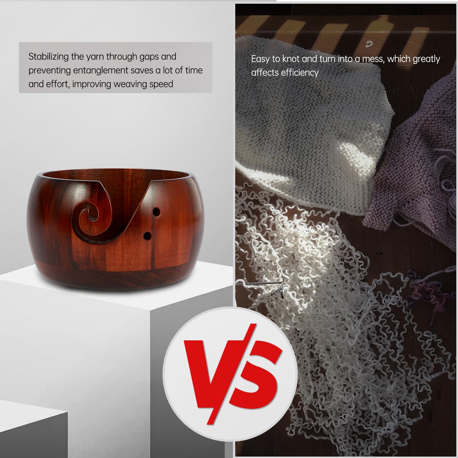 Wooden Yarn Bowl Round Crochet Bowl Holder with Holes Pine Knitting Yarn Bowls Wooden Weaving Thread Bowl with Lid Portable Yarn Storage Bowl for DIY Knitting Crafts 5.9x5.9x3inch(Dark without lid)