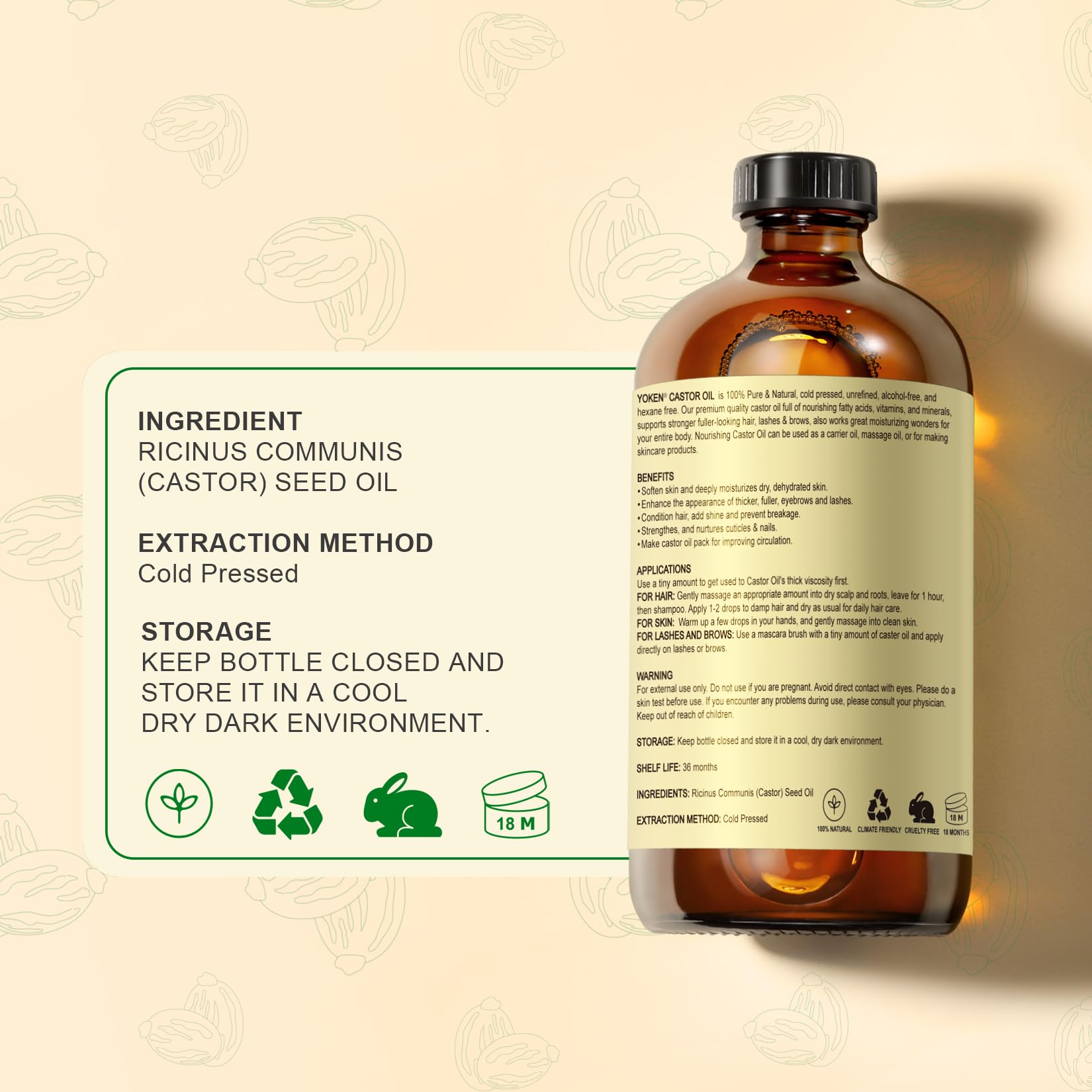 Yoken Organic Castor Oil, Cold Pressed Pure Unrefined Oil