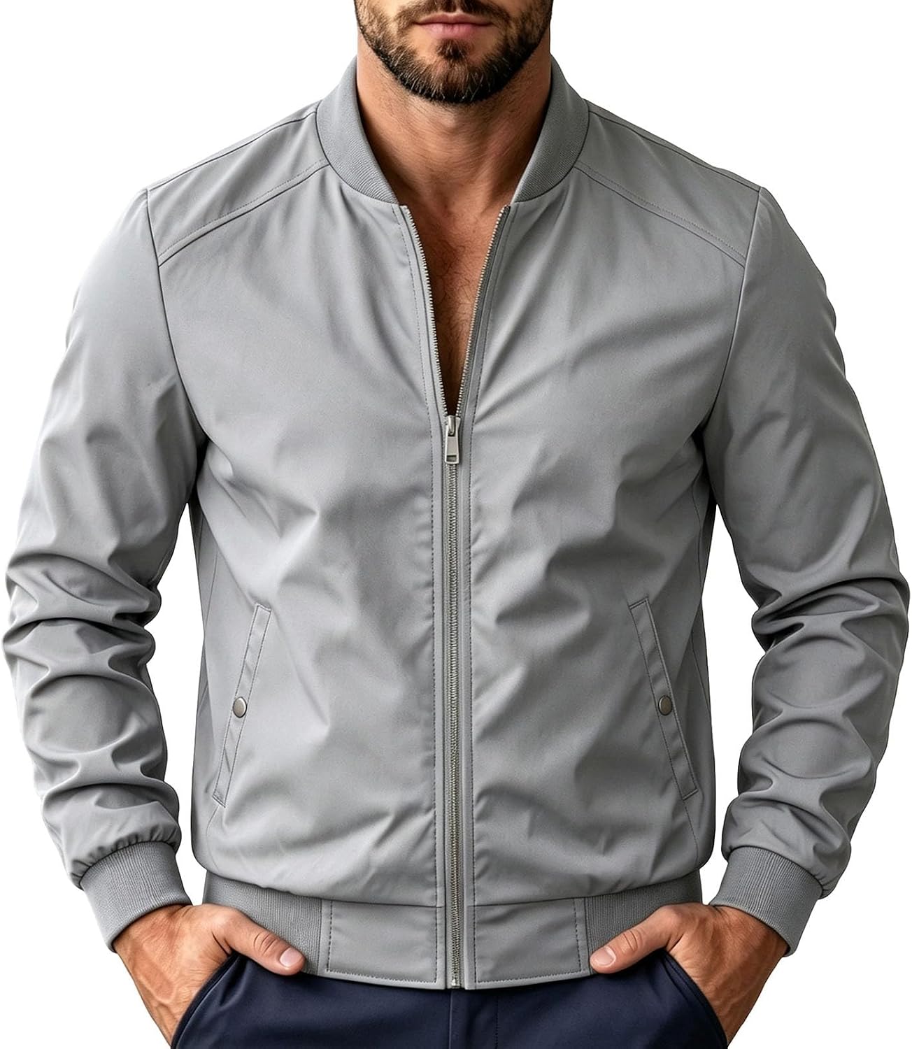 Men's Stand Collar Bomber Jacket Zip Front Casual Ribbed Hem Coat