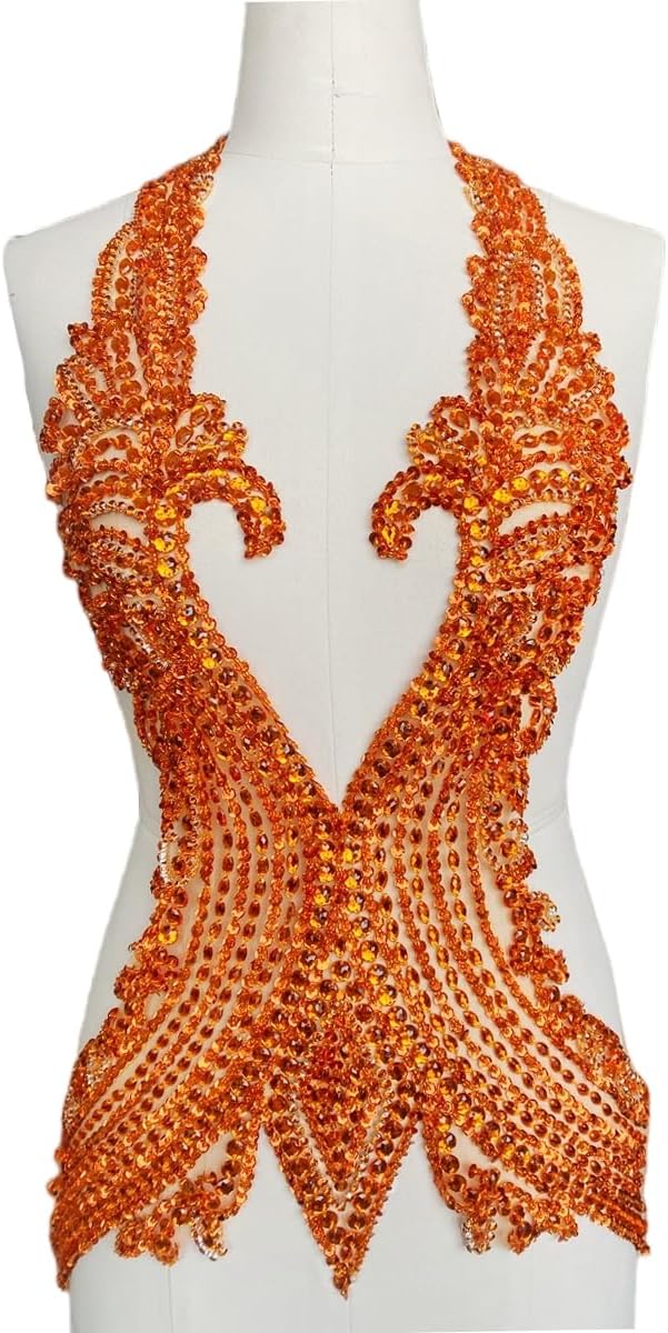 Pure Hand Sewing Beads Applique Rhinestones Trim Patches Shiny Cloth Accessories 15X26in (Orange)