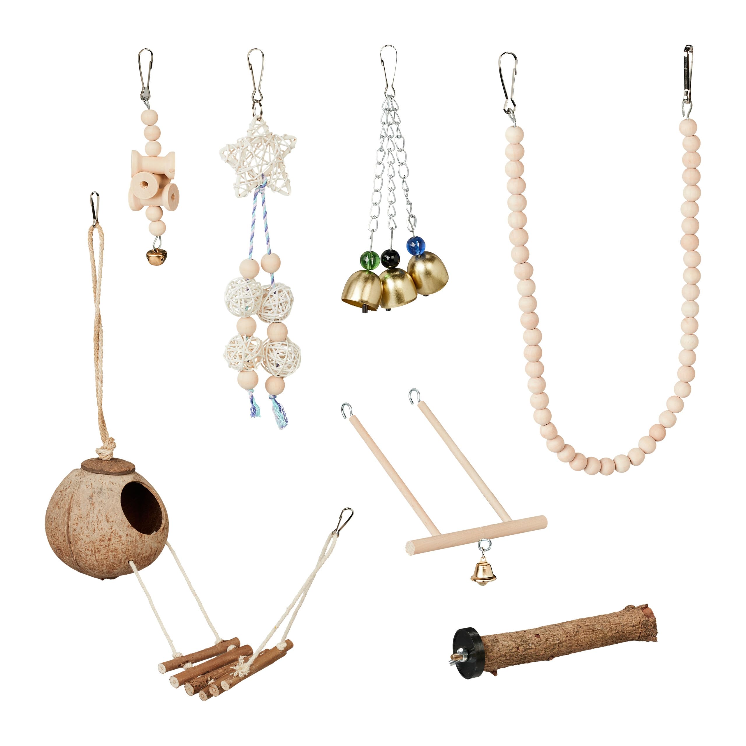 Jouets pour oiseaux Relaxdays : lot de 7 accessoires de cage en bois nature pour perruches