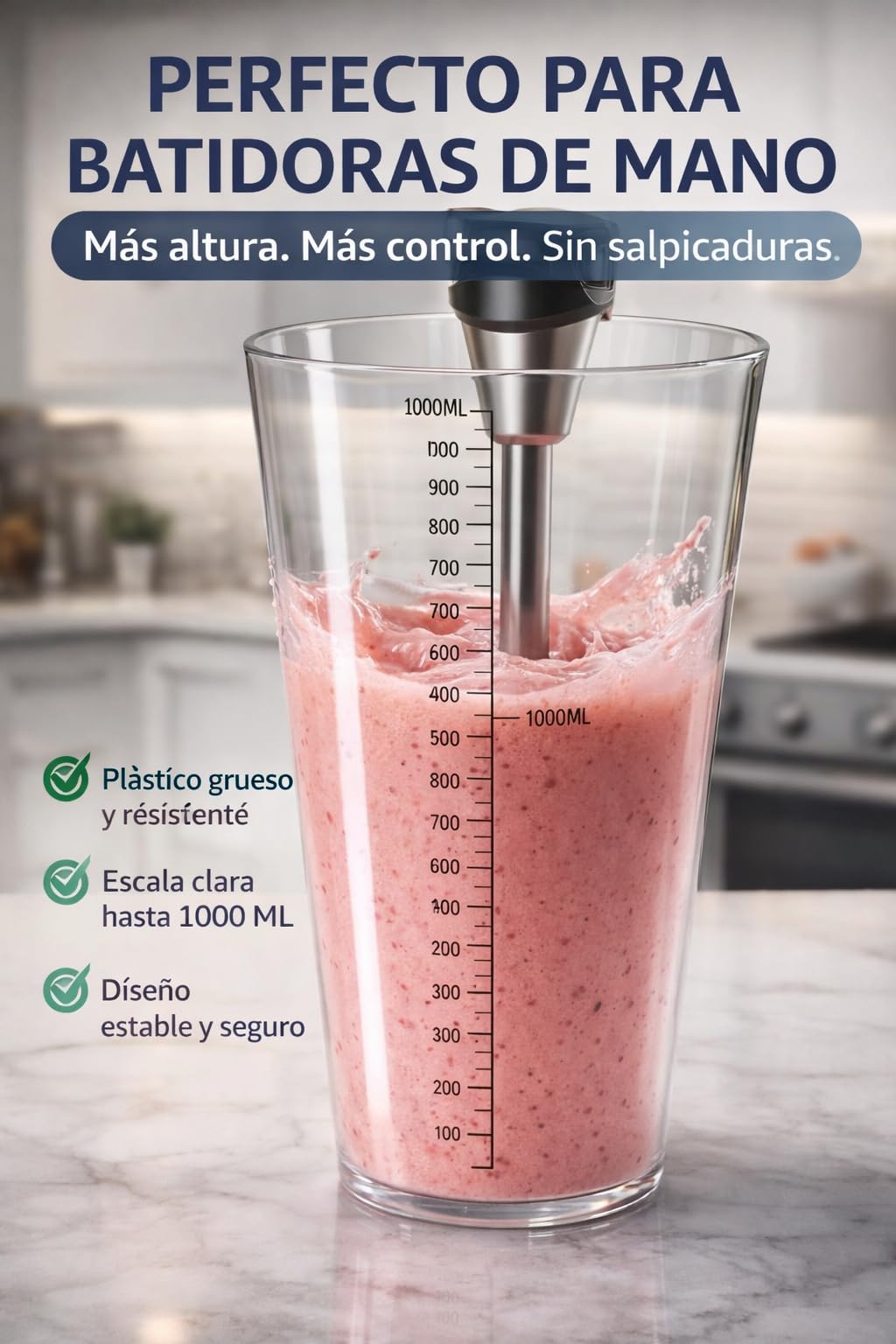 Vaso Batidora de Mano 1000 ml – Jarra Medidora Plástico sin BPA Compatible con Braun, Cecotec