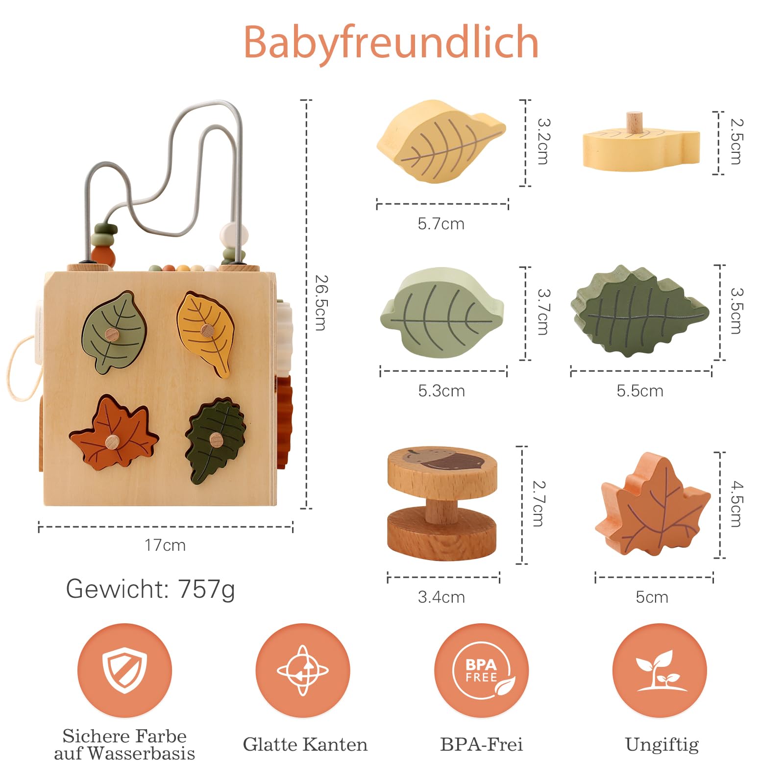 WOODEN TEETHER Montessori Motorikwürfel holzspielzeug Montessori Spielzeug 6 in 1（Naturholzfarbe Aktivitätswürfel）