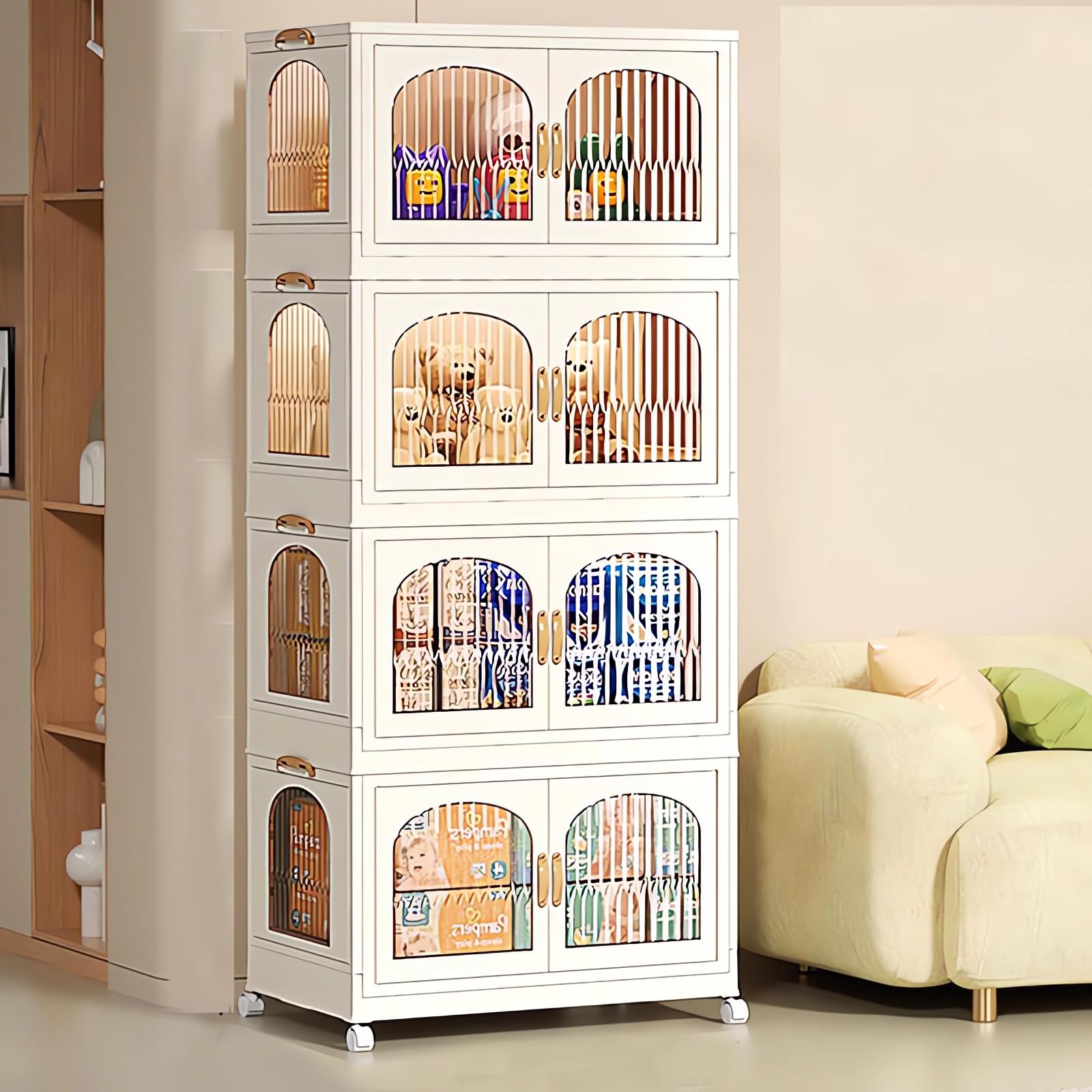 Wardrobe Portable Closet, Stackable Storage Bins with Doors,Wheels,Lids,Collapsible Plastic Closet Organizers Storage Cabinet with Closet Rods,Folding Storage Bins (S83-126.5x32.5x55cm)