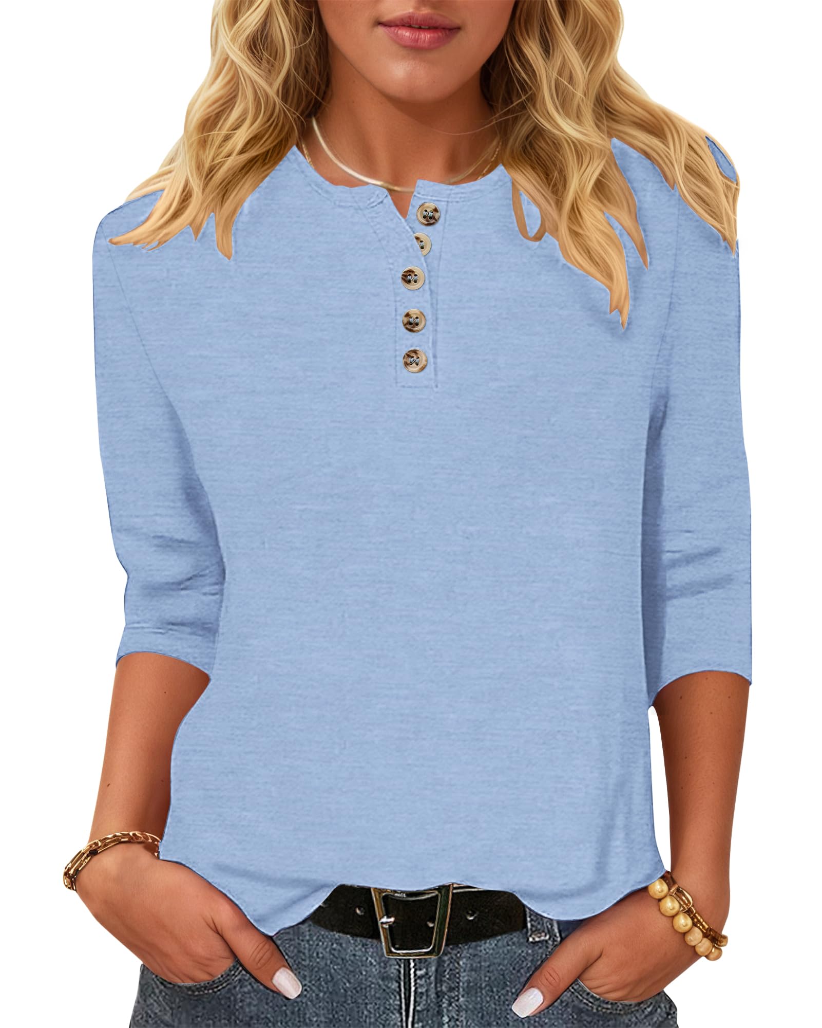 WNEEDU T-Shirt Damen 3/4 Arm Bluse - Henley Shirt Rundhals Tshirt Leichte Pullover Lässig Tops Basic Ganzjahres Oberteile mit Knöpfe