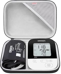 BOVKE Compact Hard Shell Case for OMRON Silver Upper Arm Blood Pressure Monitor BP5255 and Cuff, Portable Carrying Travel Case with Handle, Mesh Pocket for Cuff/Batteries/Charger, Black