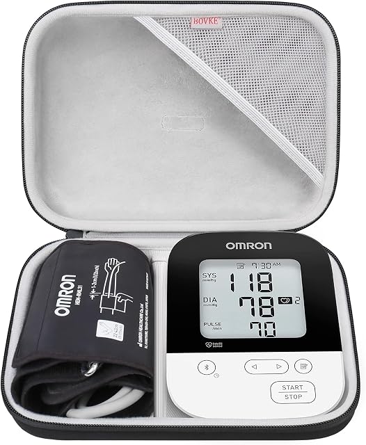 BOVKE Compact Hard Shell Case for OMRON Silver Upper Arm Blood Pressure Monitor BP5255 and Cuff, Portable Carrying Travel Case with Handle, Mesh Pocket for Cuff/Batteries/Charger, Black