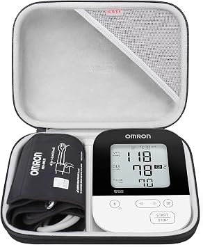 BOVKE Compact Hard Shell Case for OMRON Silver Upper Arm Blood Pressure Monitor BP5255 and Cuff, Portable Carrying Travel Case with Handle, Mesh Pocket for Cuff/Batteries/Charger, Black