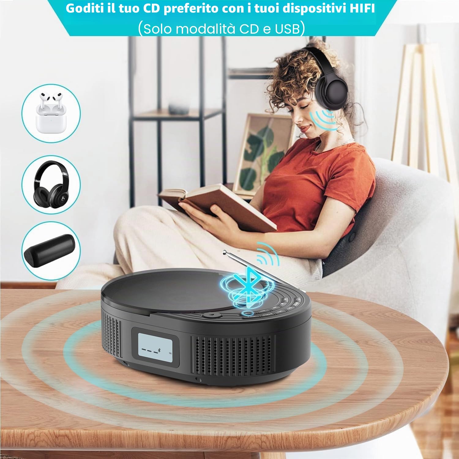 MONODEAL Lettore CD Bluetooth e radio FM 2 in 1, ricaricabile, lettore CD portatile con altoparlante, supporto AUX/USB, nero