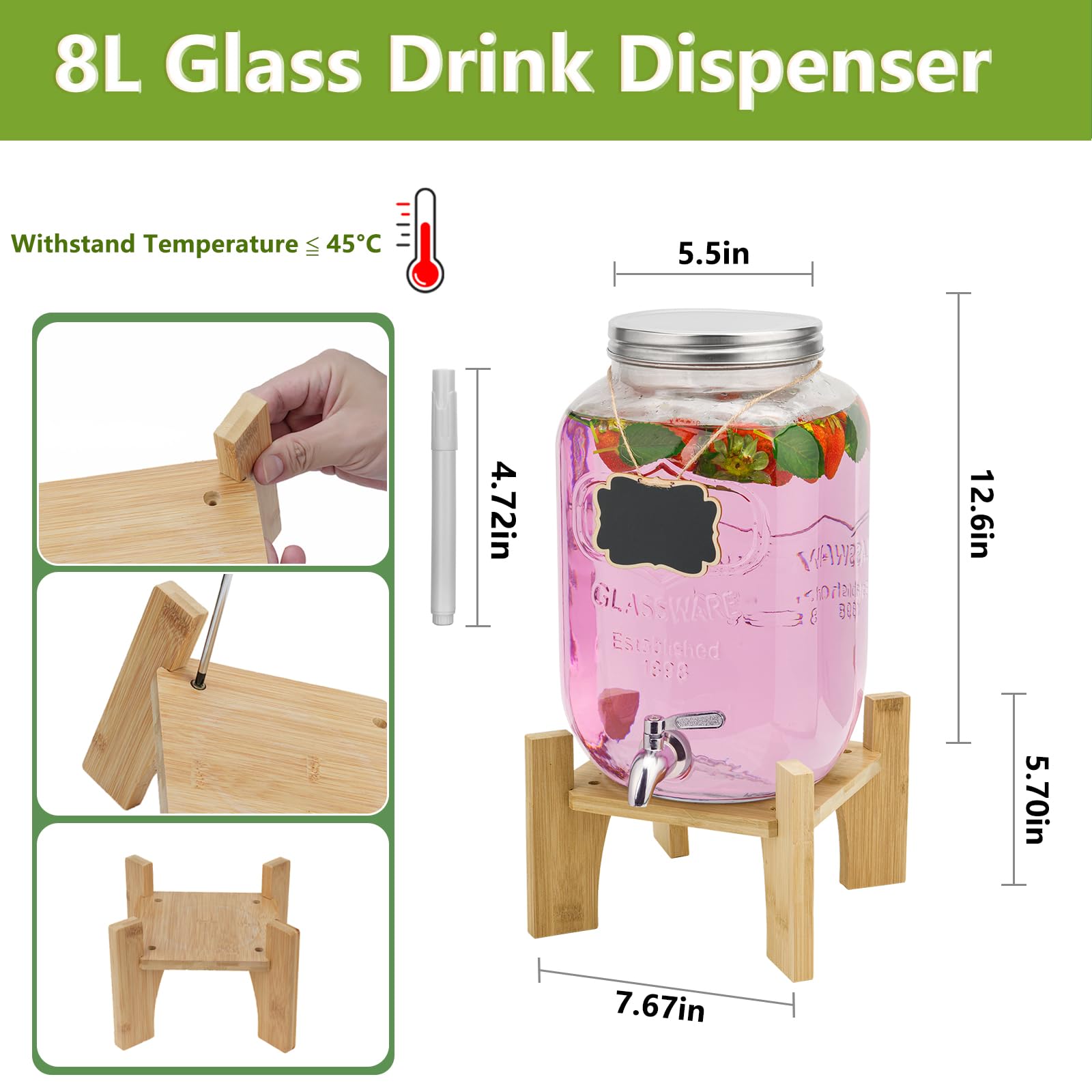 Dispensador de bebida de vidrio de 8 litros con grifo inoxidable, ideal para fiestas, con soporte de bambú, jarra de agua con grifo, perfecta