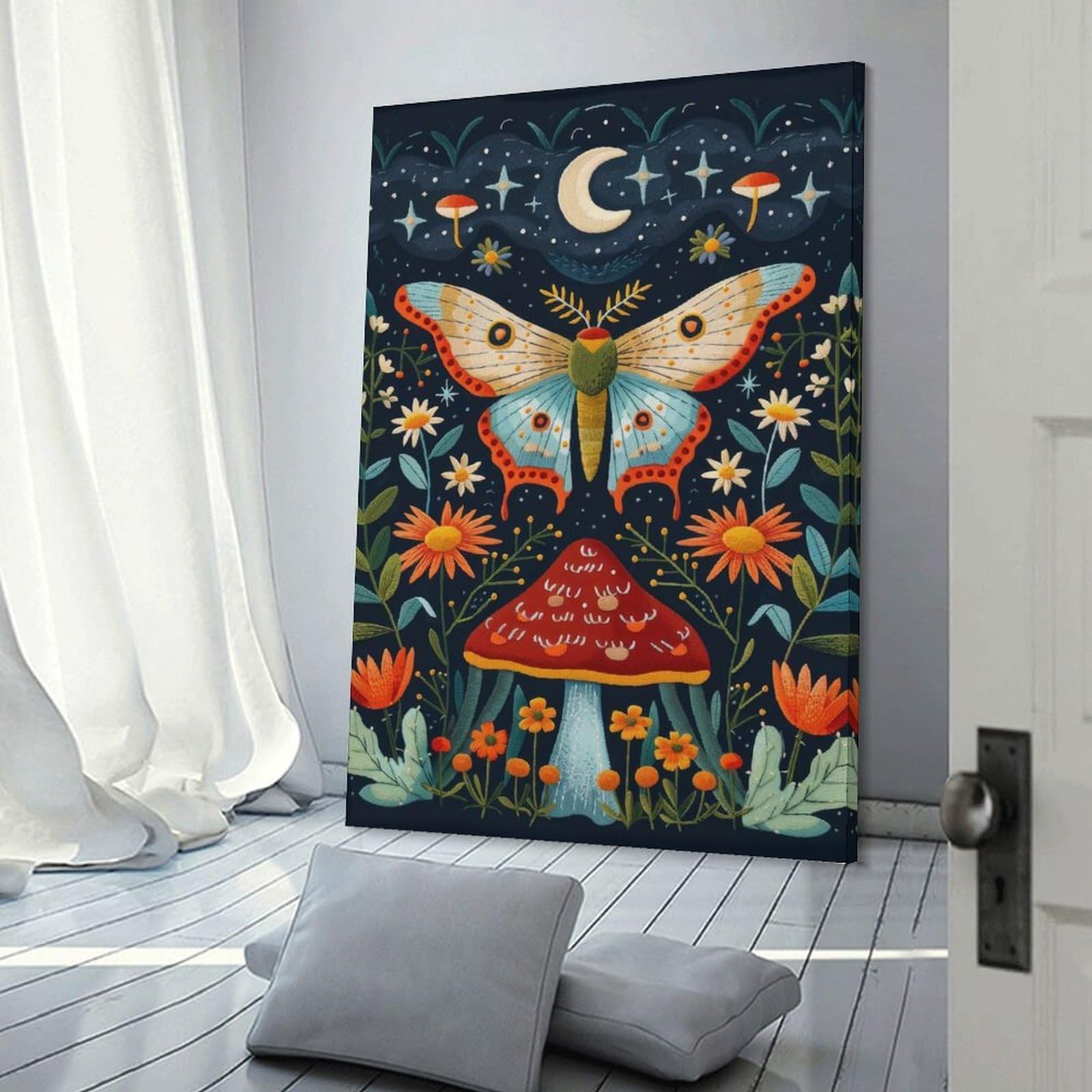 Junmoney Frame-Style-9 Moth And Mushroom 3D Embroidery Art Decorative Wall Artwork, 24X36inch(60X90cm), For Living Spaces, Bedrooms Or Relaxed Rooms, Modern Wall Decor For Cosy Interiors