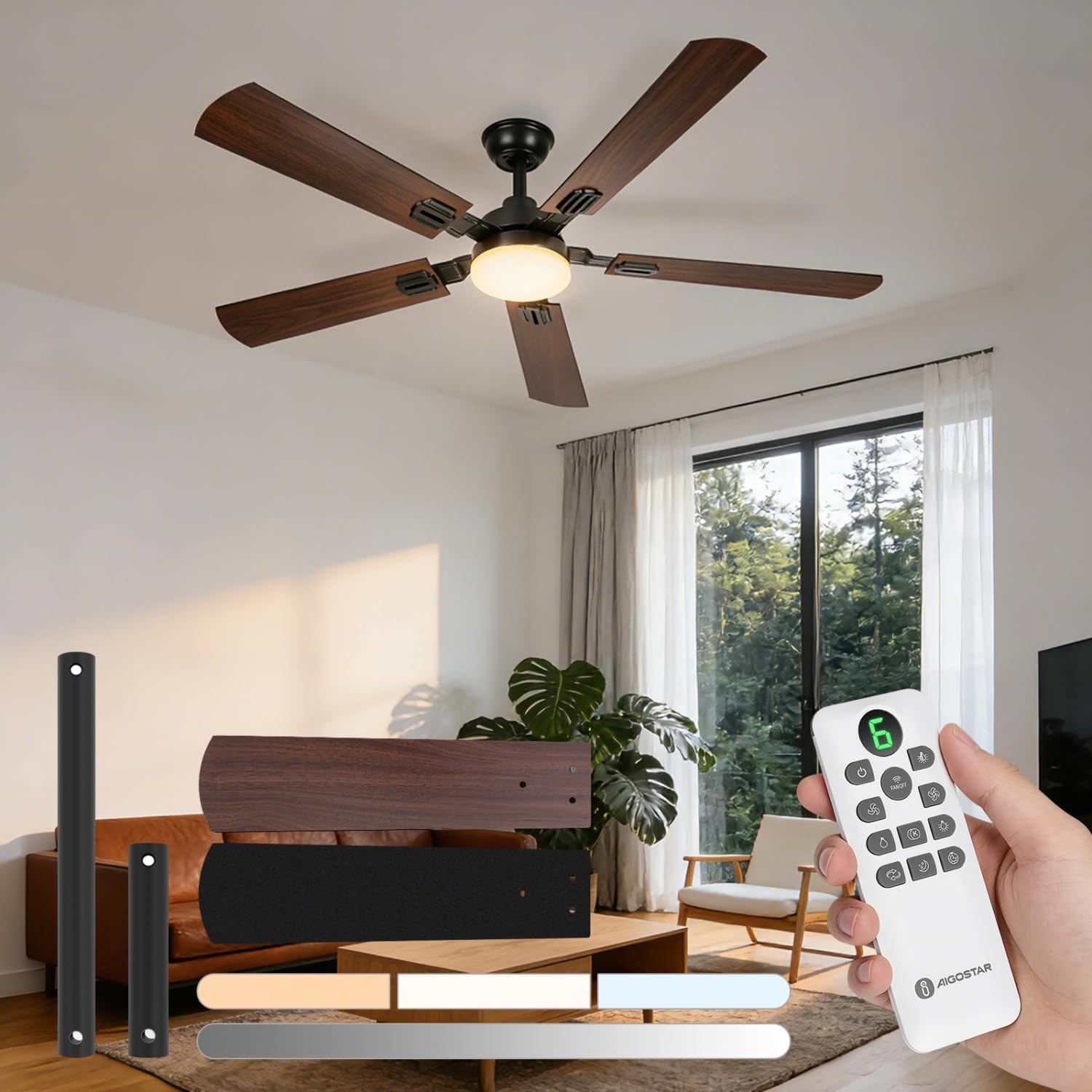 Aigostar Ceiling Fan with Silent Light 52″, Reversible DC Motor 33W, Remote Control, 6 Speeds, 3000K/4000K/6000K Adjustable, Ideal for Bedroom, Living Room or Kitchen. Ø132 cm