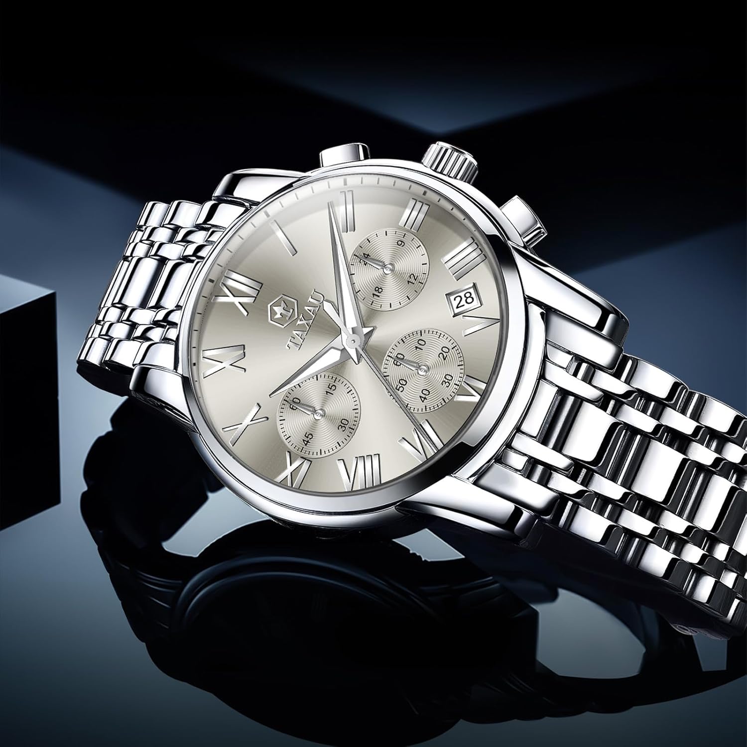 Men Silver Watch Large Dial Multi-Function Dress Watches for Men Metal Band Chronograph Gray Face Calendar Men's Watch for Big Wrist Water Resistant Quartz Retro Roman Numeral Mens Watch - Image 9